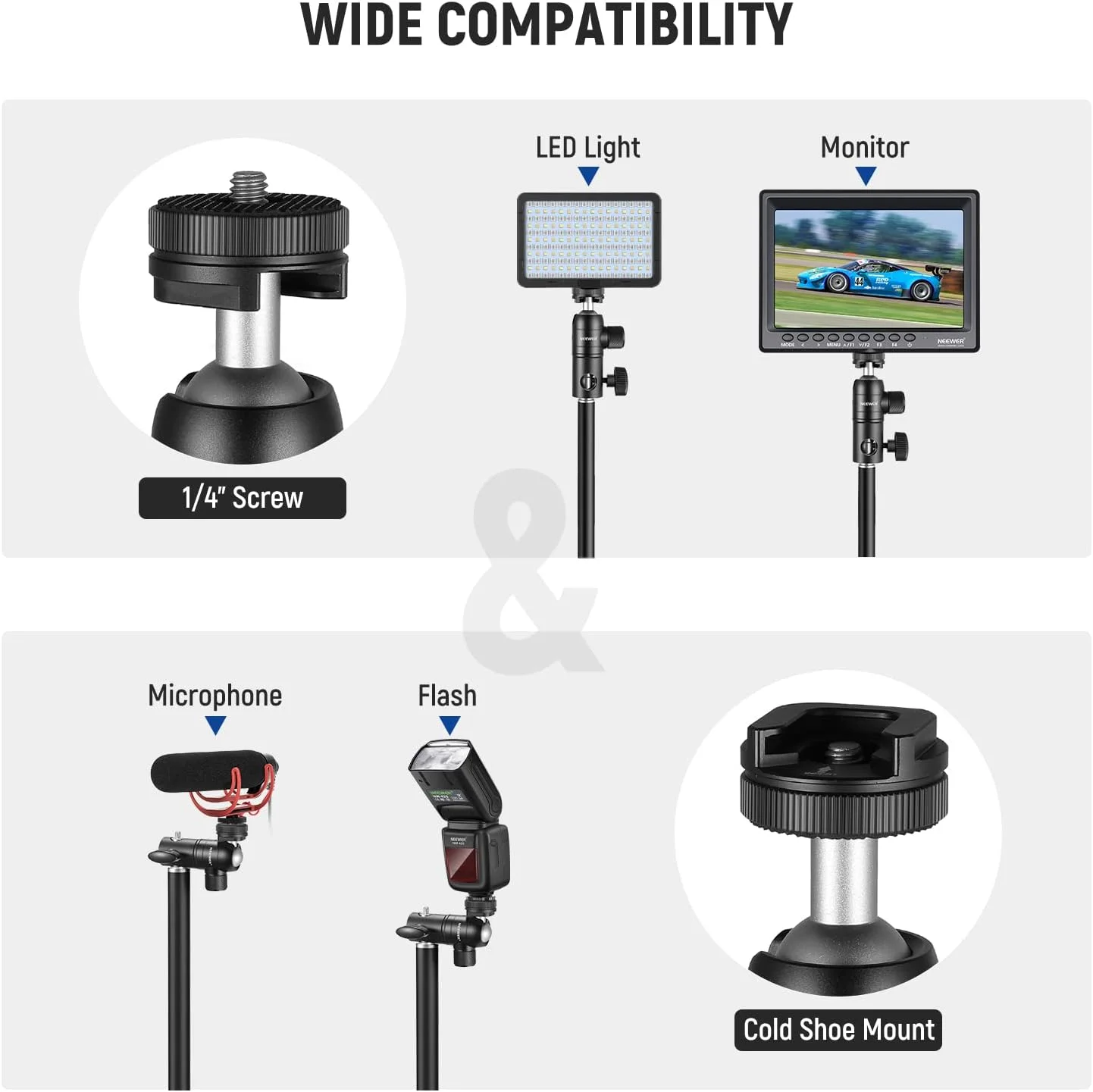 آداپتور پایه نور سر توپی کوچک – کفشک سرد و پیچ ¼ اینچی با صفحه برگشت پذیر – مناسب برای پایه نور سر صاف، بازوی بوم یا پایه C – پشتیبانی از دوربین ها، رینگ لایت ها، مانیتورها (حداکثر بار 10 کیلوگرم) آداپتور پایه نور سر توپی کوچک – کفشک سرد و پیچ ¼ اینچی با صفحه برگشت پذیر – مناسب برای پایه نور سر صاف، بازوی بوم یا پایه C – پشتیبانی از دوربین ها، رینگ لایت ها، مانیتورها (حداکثر بار 10 کیلوگرم)