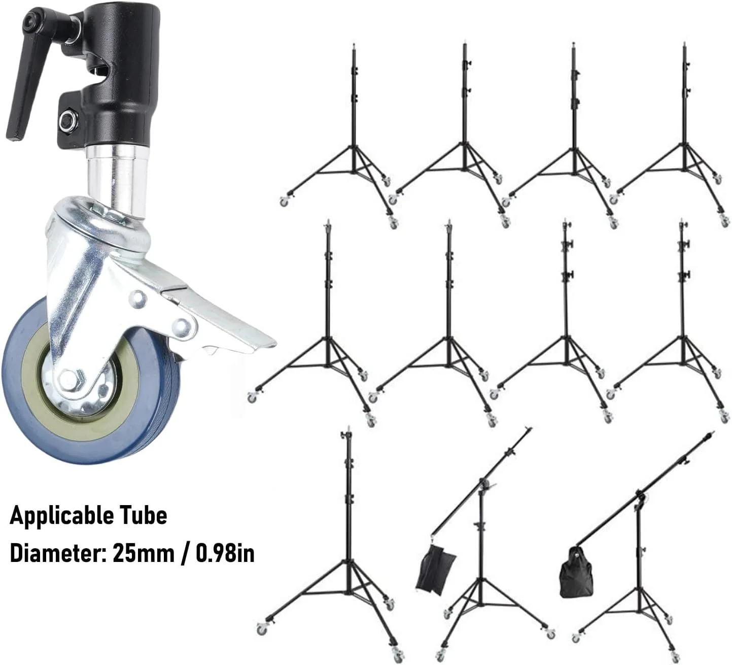 ست ۳ عددی چرخ های گردان حرفه ای برای پایه نورپردازی سنگین عکاسی با قطر ۲۵ میلی متر، چرخش جهانی با ترمز، تمام فلزی برای استودیو عکس و فیلم