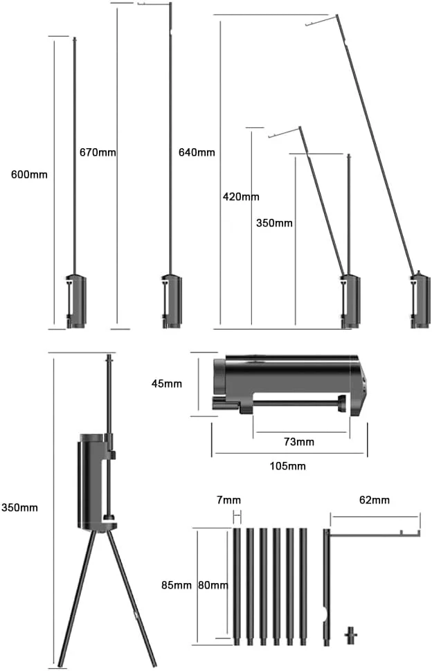 پایه چراغ تاشو آلیاژ آلومینیوم سبک وزن، قابل حمل در فضای باز، چند منظوره با سه پایه، لوازم جانبی کمپینگ، حالت های مونتاژ چندگانه، رابط استاندارد رزوه 1/4 اینچی، کاربردی