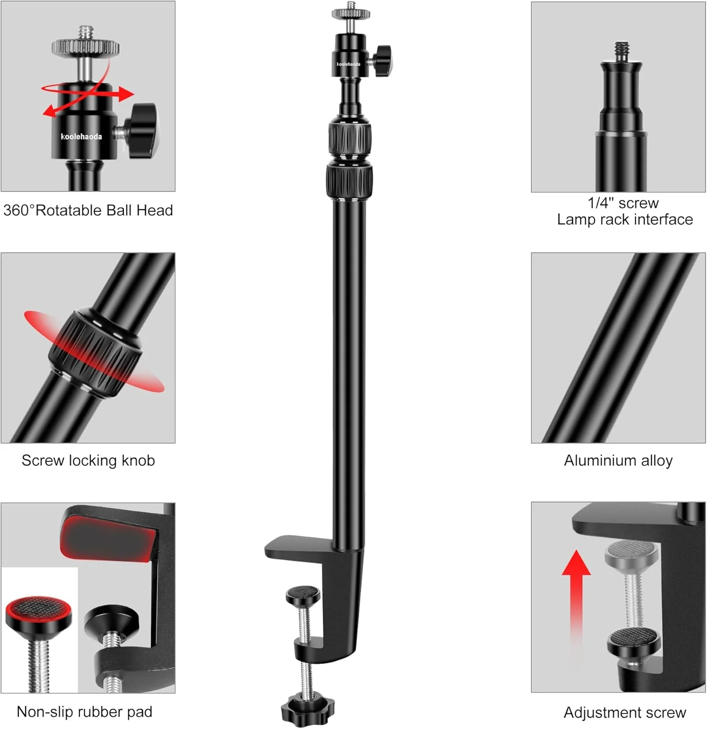 سه پایه رومیزی دوربین Koolehaoda با هد توپی 360 درجه، پایه رومیزی قابل تنظیم 37-80 سانتی متری با پیچ 1/4 اینچی برای دوربین DSLR، نور حلقه ای، وب کم، پخش زنده، استودیوهای ویدئویی