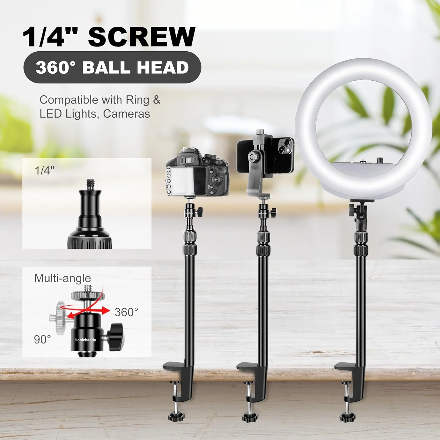 سه پایه رومیزی دوربین Koolehaoda با هد توپی 360 درجه، پایه رومیزی قابل تنظیم 37-80 سانتی متری با پیچ 1/4 اینچی برای دوربین DSLR، نور حلقه ای، وب کم، پخش زنده، استودیوهای ویدئویی