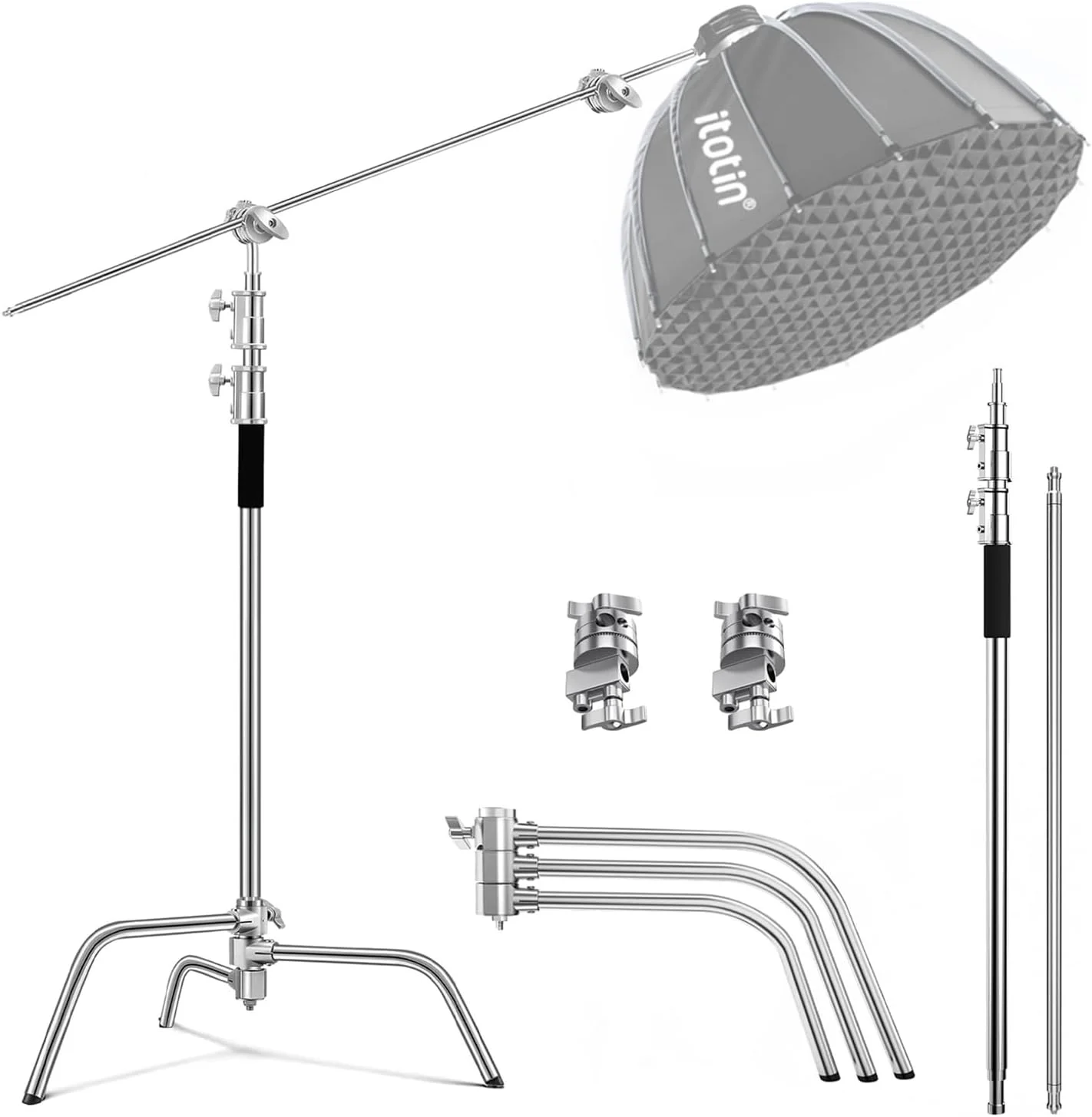 پایه C استیل ضد زنگ با بازوی بوم، پایه نور سنگین برای استودیو عکاسی، فیلمبرداری، رفلکتور، چتر، سافت باکس، حداکثر ارتفاع 330 سانتی متر