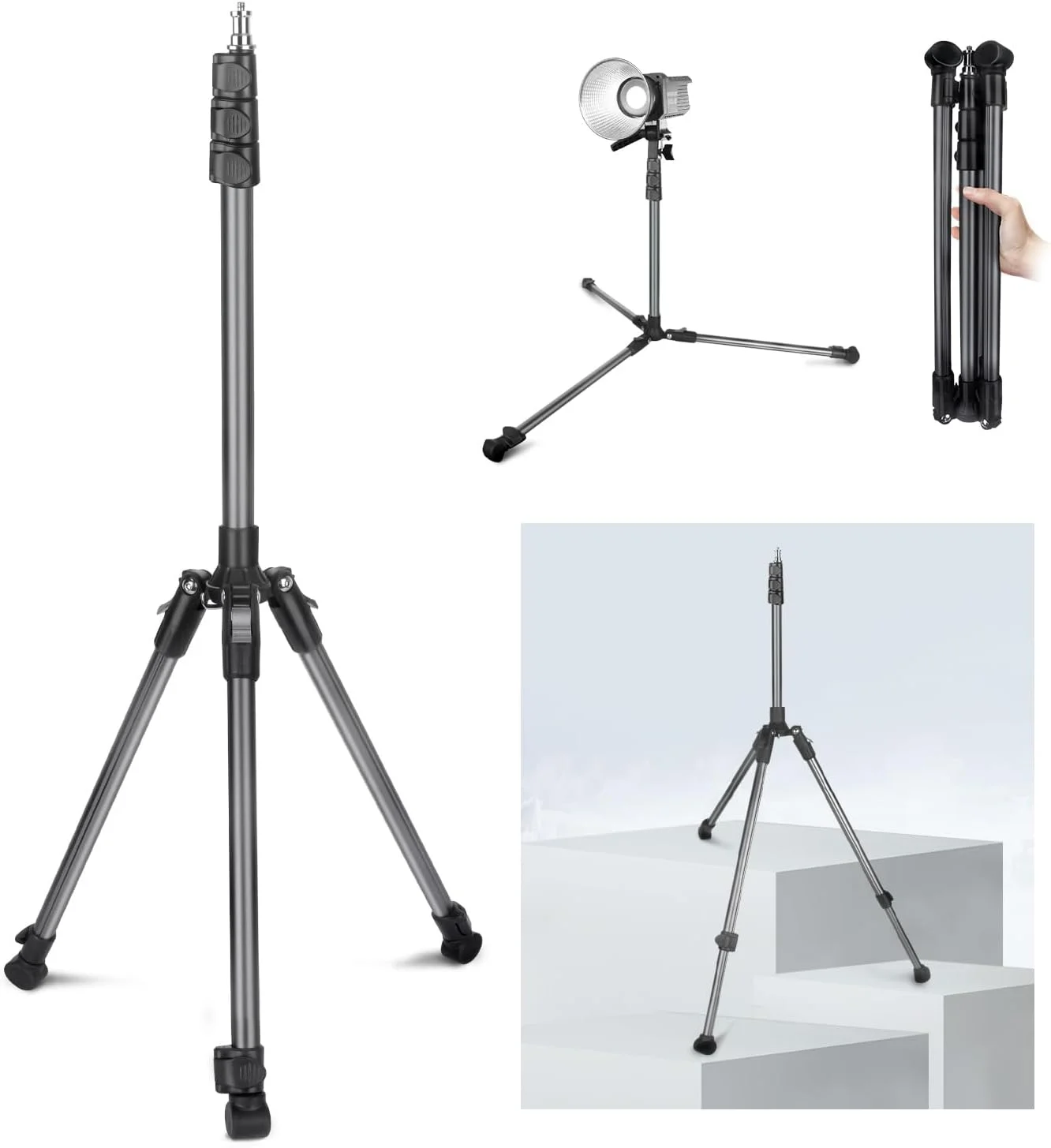پایه نور عکاسی، پایه سه پایه نور 200 سانتی متری برای مسافرت، پایه نور با پیچ 1/4 اینچی، پایه سه پایه نور استودیویی قابل حمل برگشت پذیر برای دوربین، فلاش، نور استروب، سافت باکس کوچک