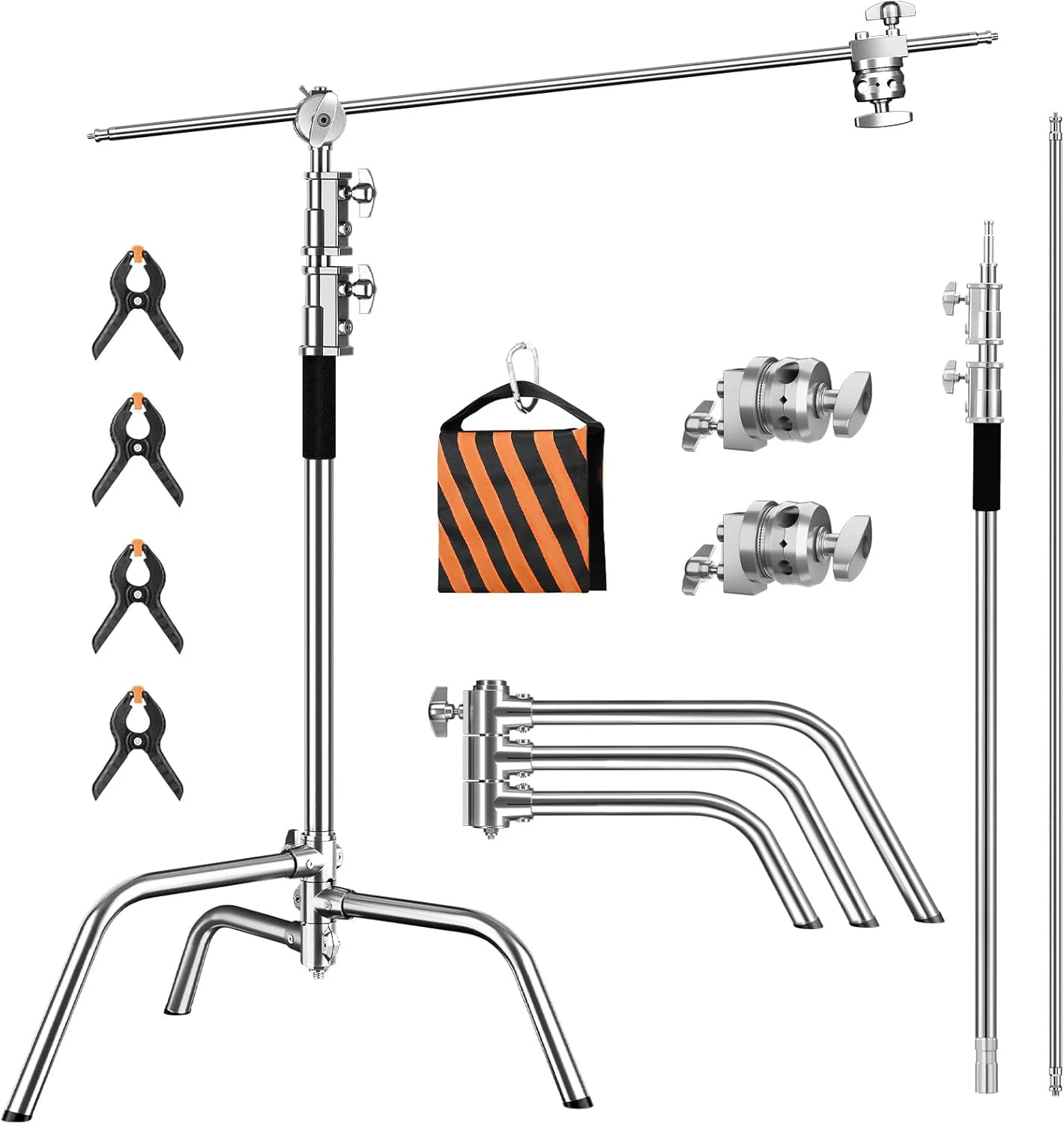پایه C سنگین با ارتفاع 210 سانتی متر به همراه بازوی نگهدارنده، کیسه شن و سر گیره، پایه نورپردازی استیل ضد زنگ C-Stand، مقاوم برای استودیو عکاسی، فیلمبرداری، مونو لایت و سافت باکس (نقره ای) پایه C سنگین با ارتفاع 210 سانتی متر به همراه بازوی نگهدارنده، کیسه شن و سر گیره، پایه نورپردازی استیل ضد زنگ C-Stand، مقاوم برای استودیو عکاسی، فیلمبرداری، مونو لایت و سافت باکس (نقره ای)