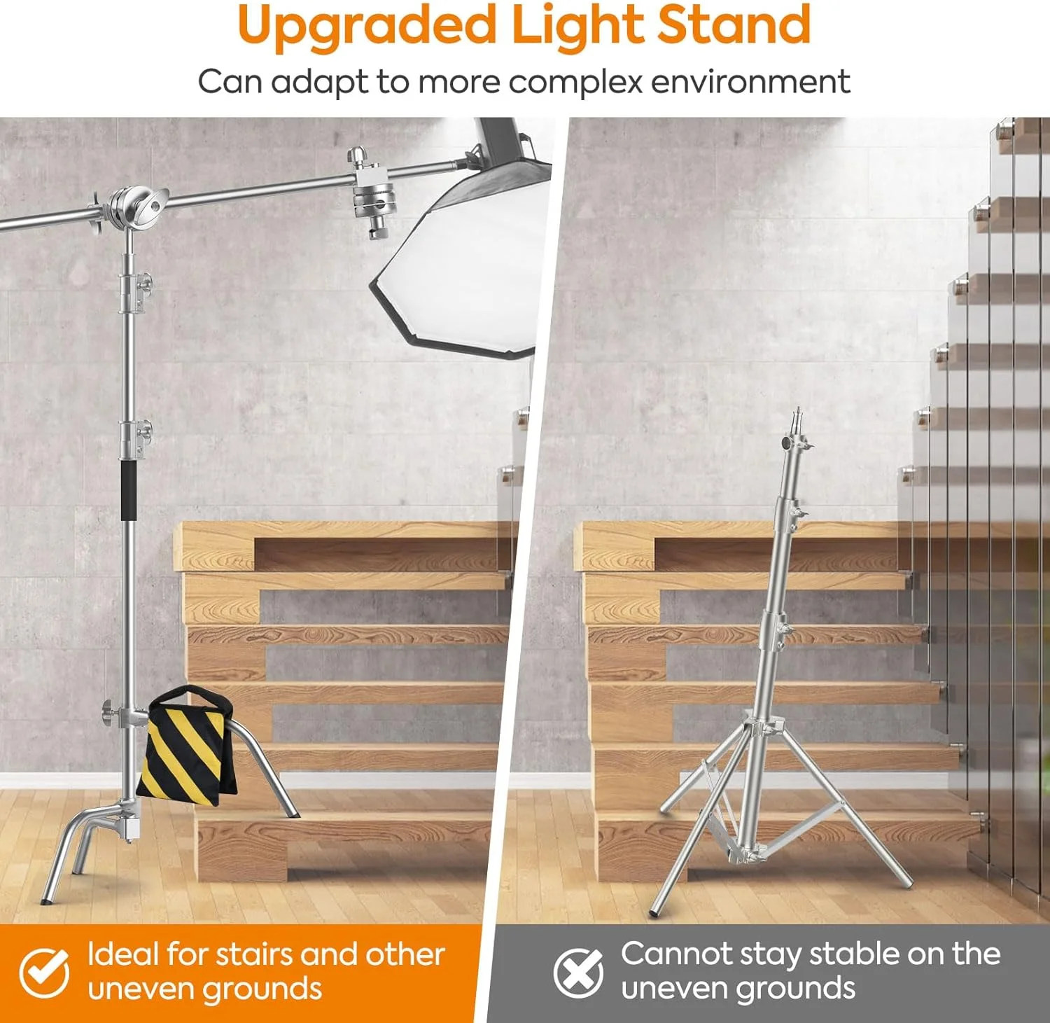 پایه C با بازوی بوم 330 سانتی‌متری Huzofexo، پایه نورپردازی استیل ضد زنگ با پایه بالابر و بازوی نگهدارنده برای رفلکتور، مونولایت و سافت باکس استودیوی عکاسی