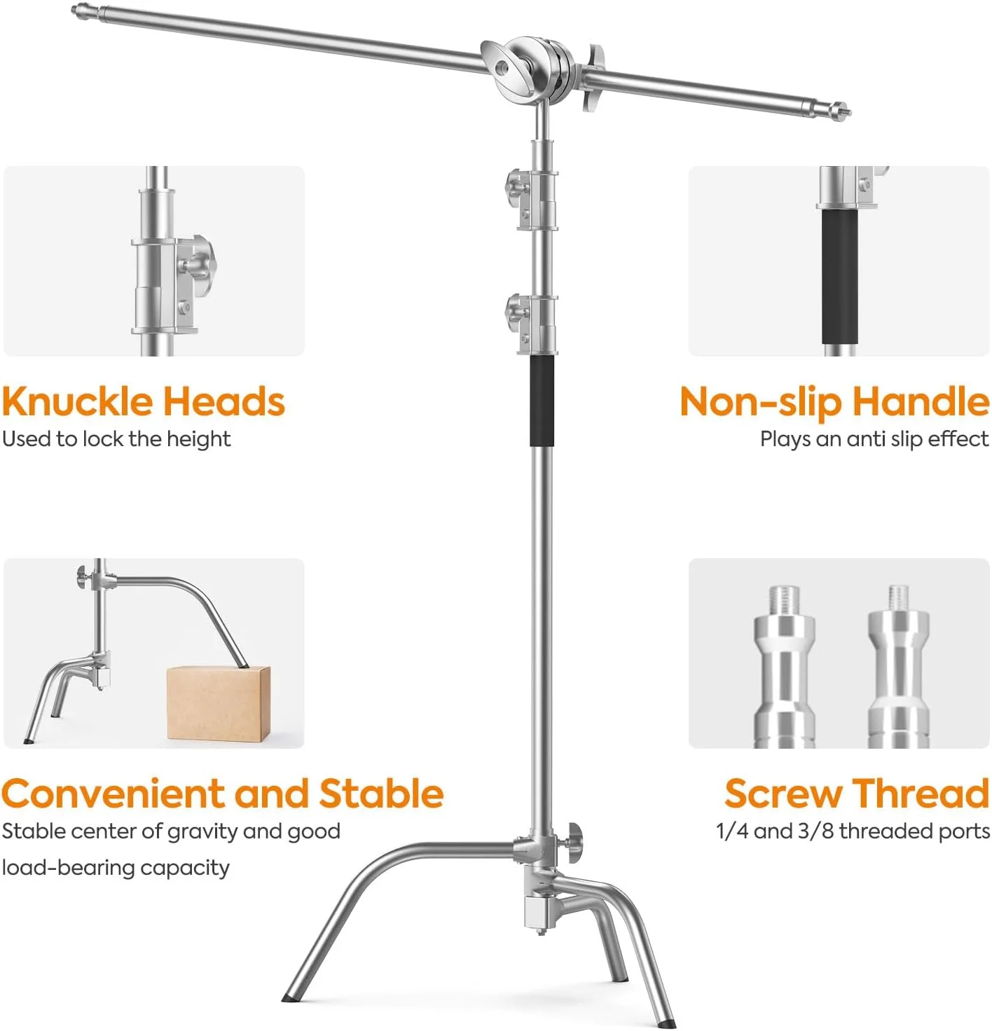 پایه C با بازوی بوم 330 سانتی‌متری Huzofexo، پایه نورپردازی استیل ضد زنگ با پایه بالابر و بازوی نگهدارنده برای رفلکتور، مونولایت و سافت باکس استودیوی عکاسی