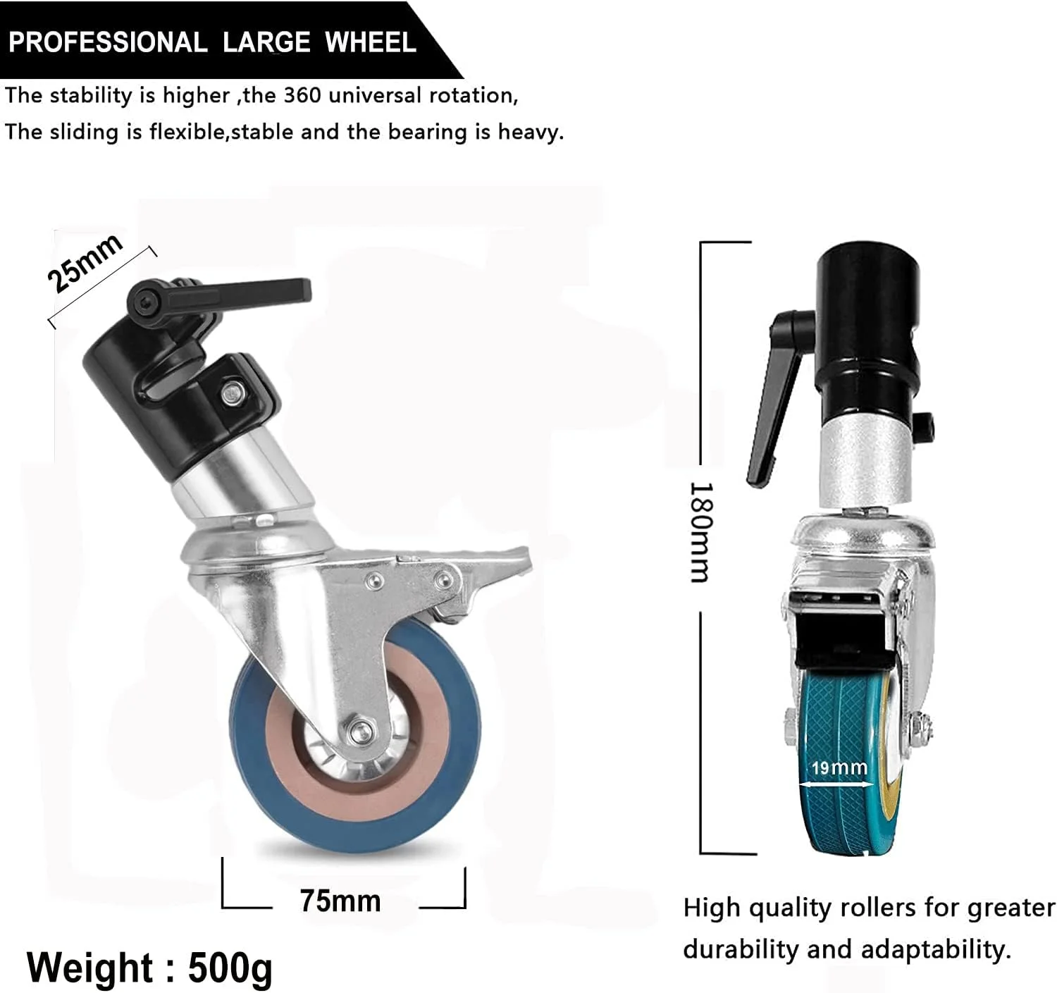 چرخ های پایه C، 25 میلی متری، سنگین، حرفه ای، چرخ های چرخشی (3 عدد) جنس فلزی، چرخش جهانی با ترمز برای عکاسی استودیویی
