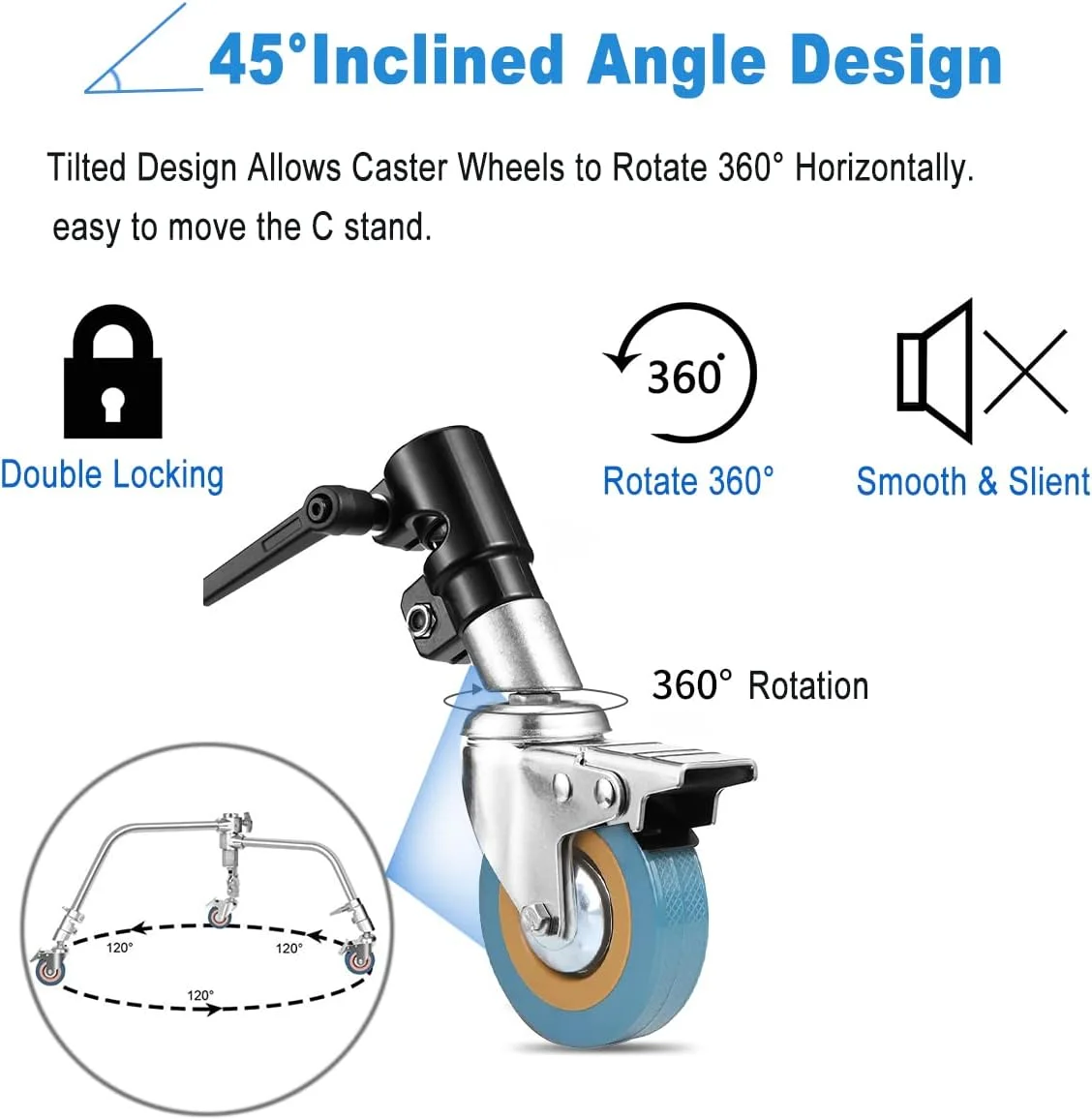 چرخ های پایه C، 25 میلی متری، سنگین، حرفه ای، چرخ های چرخشی (3 عدد) جنس فلزی، چرخش جهانی با ترمز برای عکاسی استودیویی