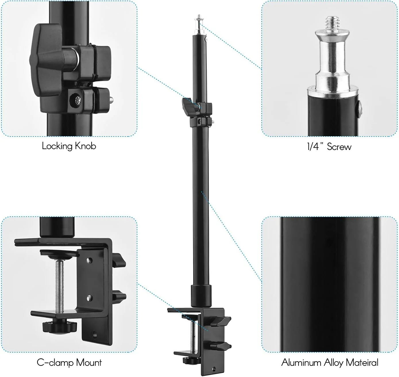 پایه رومیزی فلزی جنریک، گیره C شکل، پایه نور، ارتفاع قابل تنظیم 36 تا 60 سانتی متر، پیچ 1/4 اینچی برای دوربین DSLR، نور حلقه ای، نور ویدئویی، پروژکتور، بسته 2 عددی پایه رومیزی فلزی جنریک، گیره C شکل، پایه نور، ارتفاع قابل تنظیم 36 تا 60 سانتی متر، پیچ 1/4 اینچی برای دوربین DSLR، نور حلقه ای، نور ویدئویی، پروژکتور، بسته 2 عددی