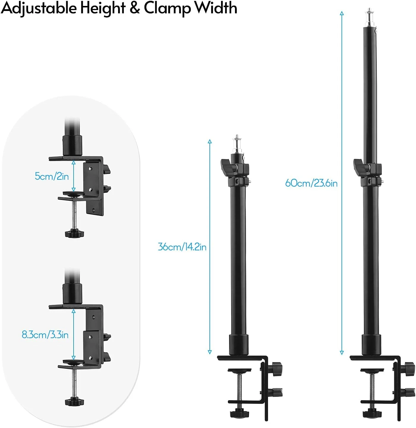 پایه رومیزی فلزی جنریک، گیره C شکل، پایه نور، ارتفاع قابل تنظیم 36 تا 60 سانتی متر، پیچ 1/4 اینچی برای دوربین DSLR، نور حلقه ای، نور ویدئویی، پروژکتور، بسته 2 عددی پایه رومیزی فلزی جنریک، گیره C شکل، پایه نور، ارتفاع قابل تنظیم 36 تا 60 سانتی متر، پیچ 1/4 اینچی برای دوربین DSLR، نور حلقه ای، نور ویدئویی، پروژکتور، بسته 2 عددی