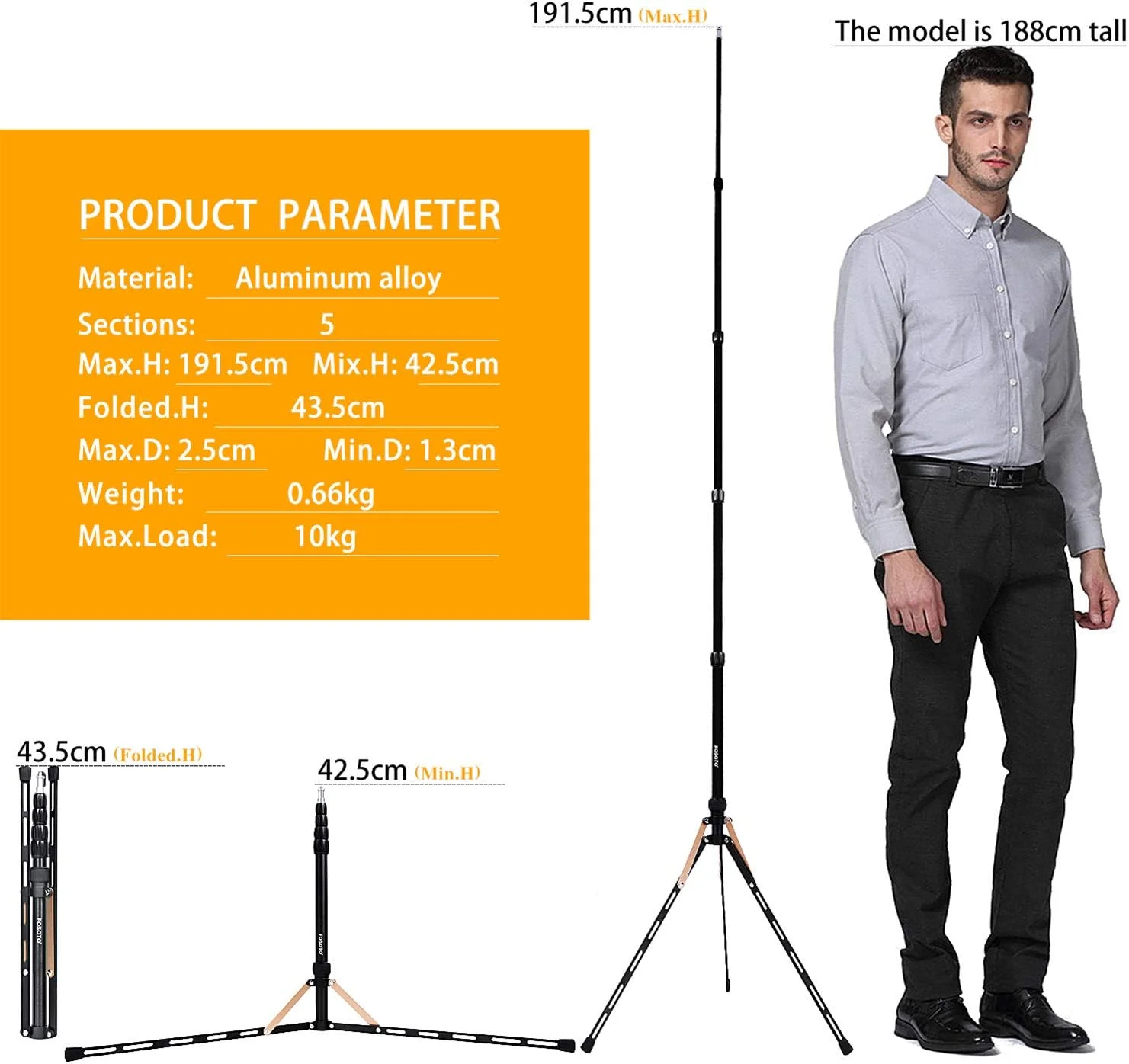 پایه نور فوسوتو آلیاژ آلومینیوم 1.91 متری/6.2 فوتی، 5 قسمتی قابل تنظیم، سه پایه سبک و جمع و جور، پایه نور سه پایه استودیویی عکاسی برای نورپردازی، فیلمبرداری، به همراه کیف حمل