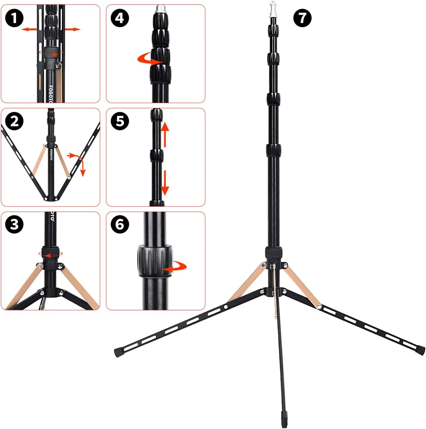 پایه نور فوسوتو آلیاژ آلومینیوم 1.91 متری/6.2 فوتی، 5 قسمتی قابل تنظیم، سه پایه سبک و جمع و جور، پایه نور سه پایه استودیویی عکاسی برای نورپردازی، فیلمبرداری، به همراه کیف حمل
