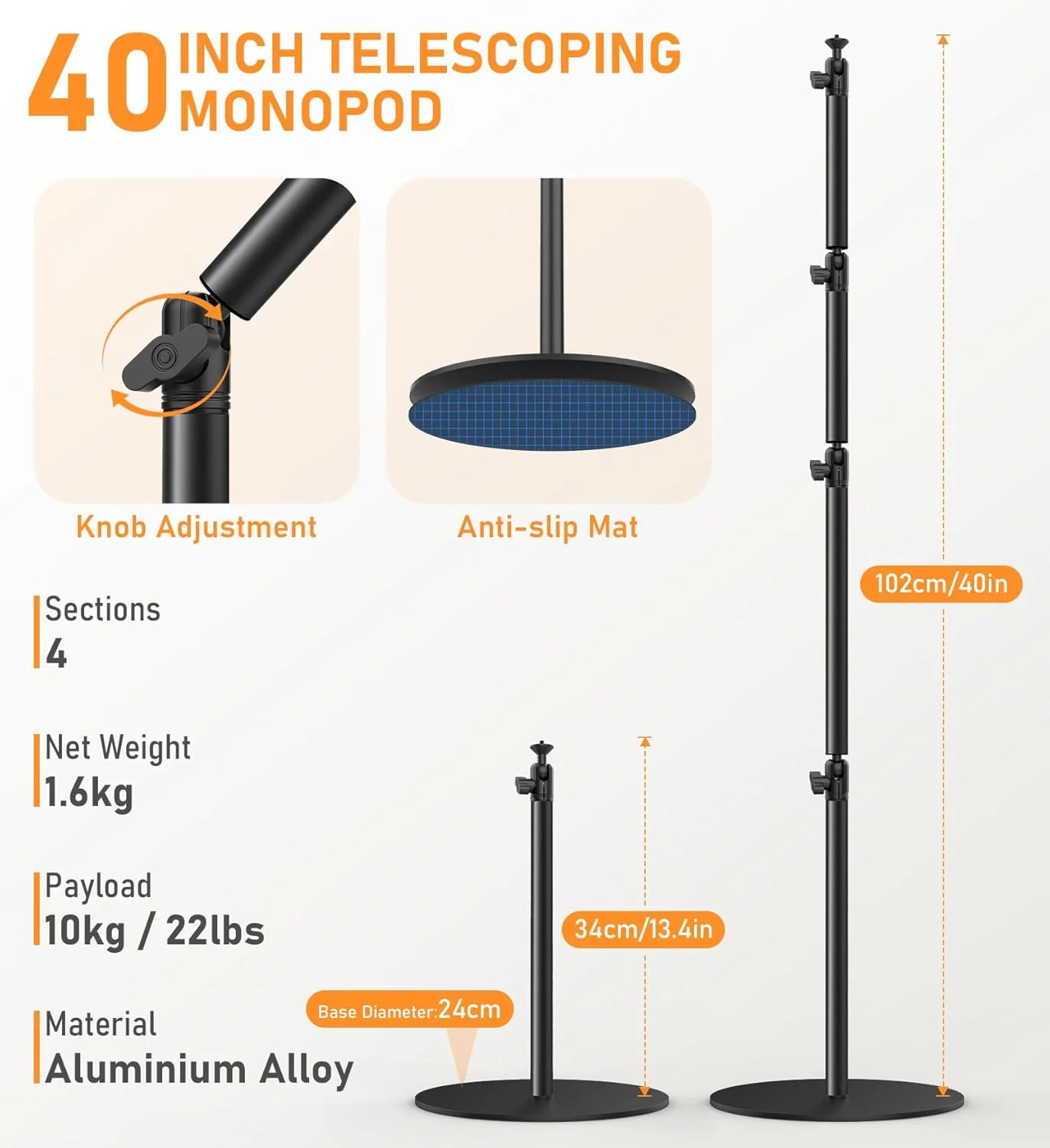 Camera Round Base Mount Desk Stand, Flexible Aluminum Photography Floor-Standing Light Monopod Stand Phone Holder with 1/4" 3/8'' 5/8'' Screw for DSLR Camera, Light, Webcam, Live Streaming, Vlogging