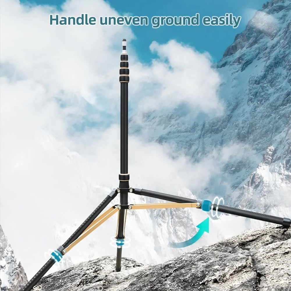 پایه نور ویدئویی قابل تنظیم Fawoonu 252cm با فیبر کربنی 4 قسمتی، ظرفیت بارگیری 6 کیلوگرم با ستون مرکزی جداشدنی و پیچ 1/4 و 3/8 اینچی برای نور ویدئویی LED و فلاش