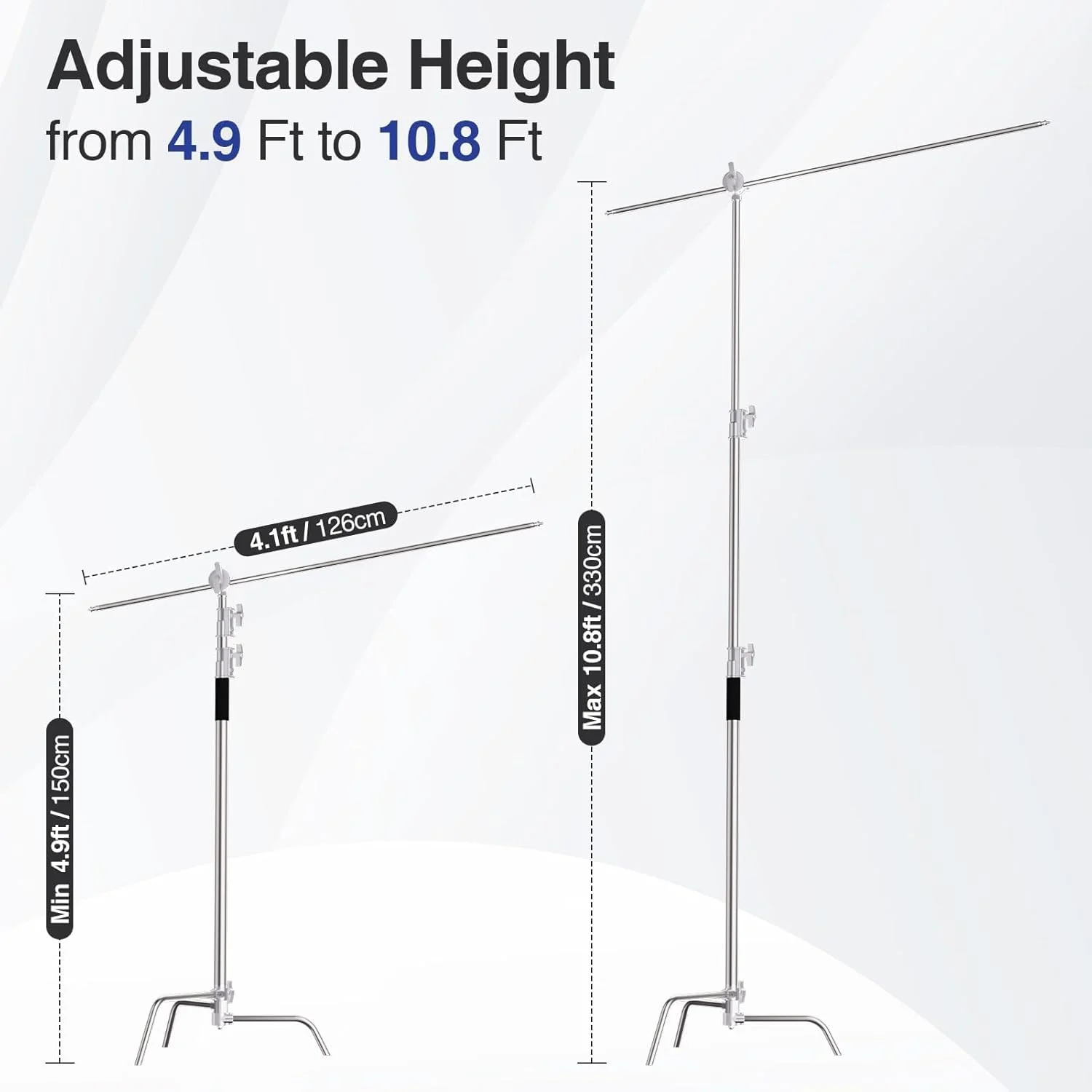پایه نور سنگین استیل ضد زنگ ایمارت به طول 330 سانتی متر با بازوی بوم و 2 عدد سر گیره برای استودیو عکس و فیلم، مونو لایت، سافت باکس پارابولیک، رفلکتور