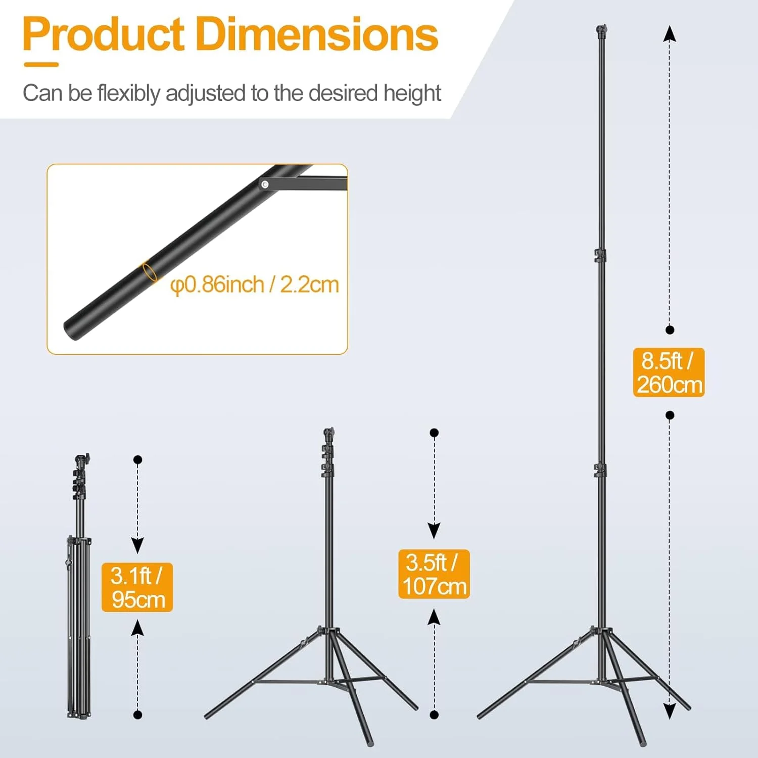 پایه نور آلومینیومی 2.6 متری ایمارت، پایه سه پایه سنگین با بالشتک هوا با آداپتور جهانی 1/4 اینچ به 3/8 اینچ به همراه کیف برای سافت باکس استودیویی، چتر، رفلکتور، عکاسی - 1 عدد پایه نور آلومینیومی 2.6 متری ایمارت، پایه سه پایه سنگین با بالشتک هوا با آداپتور جهانی 1/4 اینچ به 3/8 اینچ به همراه کیف برای سافت باکس استودیویی، چتر، رفلکتور، عکاسی - 1 عدد