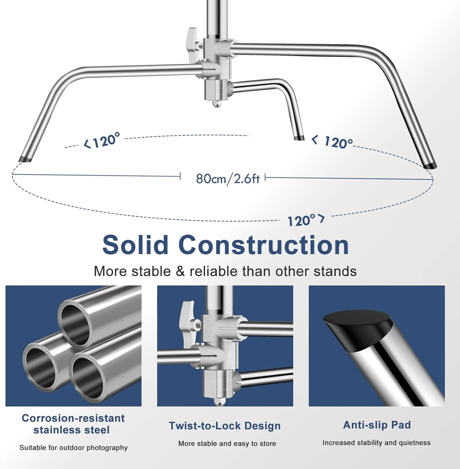 پایه نور سنگین استیل ضد زنگ ایمارت به طول 330 سانتی متر با بازوی بوم و 2 عدد سر گیره برای استودیو عکس و فیلم، مونو لایت، سافت باکس پارابولیک، رفلکتور