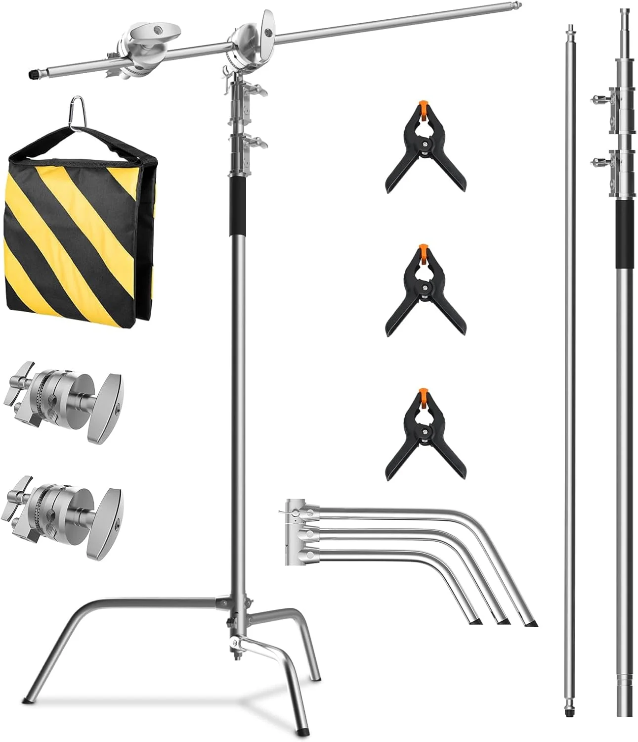 پایه C به همراه بازوی بوم، پایه نورپردازی عکاسی سنگین، کیت پایه C استیل ضد زنگ 210 سانتی متری با کیسه شن، بوم 87 سانتی متری برای سافت باکس و رفلکتور استودیویی، نقره ای پایه C به همراه بازوی بوم، پایه نورپردازی عکاسی سنگین، کیت پایه C استیل ضد زنگ 210 سانتی متری با کیسه شن، بوم 87 سانتی متری برای سافت باکس و رفلکتور استودیویی، نقره ای