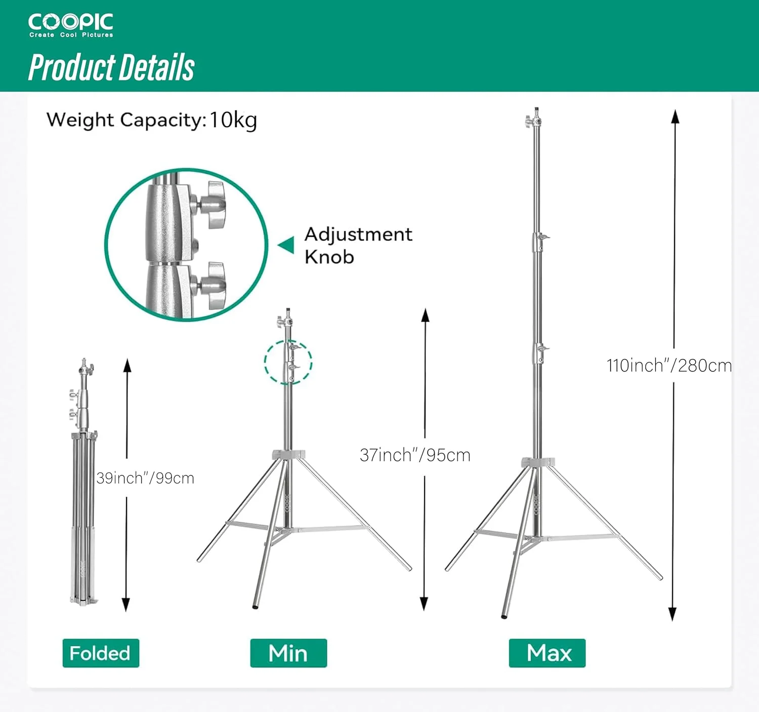 پایه نور سنگین استیل COOPIC L-290S، 2.9 متری، سه پایه نور قابل حمل و چند منظوره با آداپتور جهانی 1/4 اینچ به 3/8 اینچ برای استودیوی عکاسی خانگی و سافت باکس پایه نور سنگین استیل COOPIC L-290S، 2.9 متری، سه پایه نور قابل حمل و چند منظوره با آداپتور جهانی 1/4 اینچ به 3/8 اینچ برای استودیوی عکاسی خانگی و سافت باکس