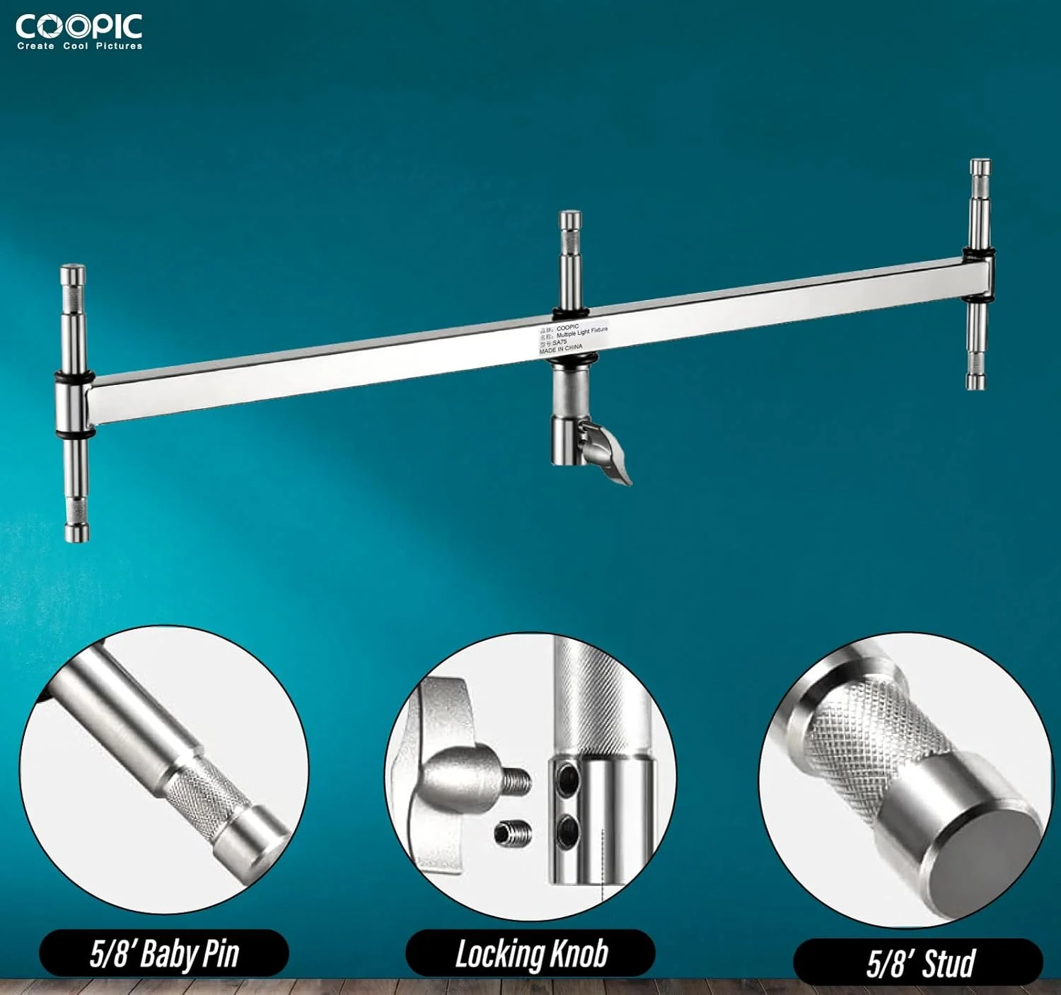 بازوی بوم سه سر استیل ضد زنگ COOPIC با پنج پین بچه گانه 5/8 اینچی - لوازم جانبی نورپردازی همه کاره برای چراغ های LED و فلاش های استروب، سازگار با پایه های C و پایه های نور - (مدل SA75)