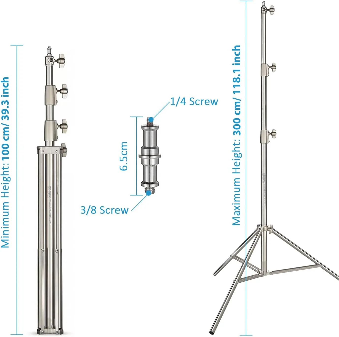 پایه نور استیل ضد زنگ سنگین COOPIC L300S با ارتفاع قابل تنظیم 100 تا 300 سانتی متر، ساخت بادوام با پیچ 1/4 و 3/8 اینچ، ایده آل برای چراغ های LED، فلاش، سافت باکس و سایر تجهیزات عکاسی پایه نور استیل ضد زنگ سنگین COOPIC L300S با ارتفاع قابل تنظیم 100 تا 300 سانتی متر، ساخت بادوام با پیچ 1/4 و 3/8 اینچ، ایده آل برای چراغ های LED، فلاش، سافت باکس و سایر تجهیزات عکاسی