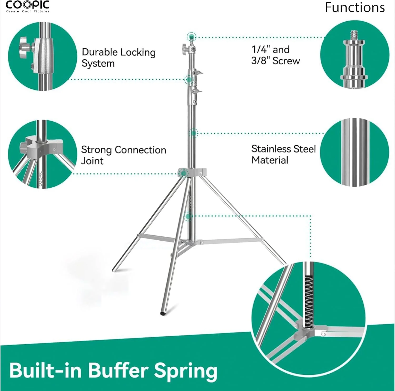 پایه نور سنگین استیل COOPIC L-290S، 2.9 متری، سه پایه نور قابل حمل و چند منظوره با آداپتور جهانی 1/4 اینچ به 3/8 اینچ برای استودیوی عکاسی خانگی و سافت باکس پایه نور سنگین استیل COOPIC L-290S، 2.9 متری، سه پایه نور قابل حمل و چند منظوره با آداپتور جهانی 1/4 اینچ به 3/8 اینچ برای استودیوی عکاسی خانگی و سافت باکس