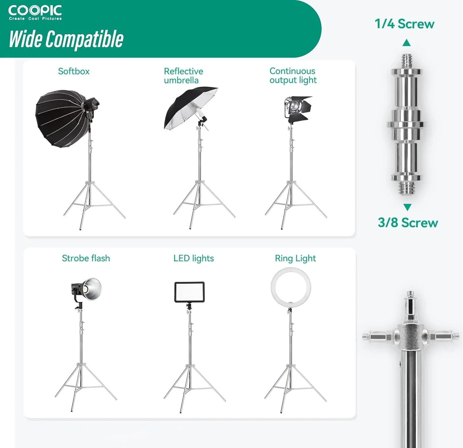 پایه نور سنگین استیل COOPIC L-290S، 2.9 متری، سه پایه نور قابل حمل و چند منظوره با آداپتور جهانی 1/4 اینچ به 3/8 اینچ برای استودیوی عکاسی خانگی و سافت باکس پایه نور سنگین استیل COOPIC L-290S، 2.9 متری، سه پایه نور قابل حمل و چند منظوره با آداپتور جهانی 1/4 اینچ به 3/8 اینچ برای استودیوی عکاسی خانگی و سافت باکس