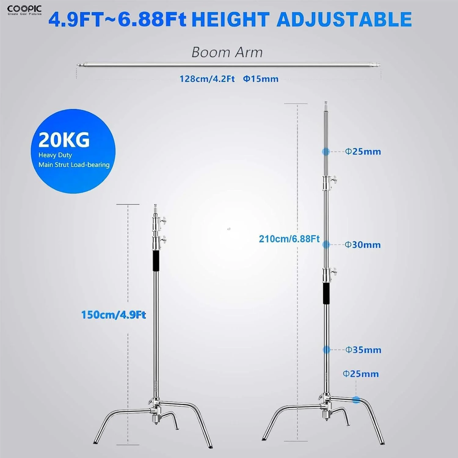 پایه نور C شکل COOPIC، کیت عکاسی فلزی استیل - میله عمودی 210 سانتی متری سنگین، بازوی بوم 88 سانتی متری، پایه قابل تنظیم، کیسه شن، 2 سر گیره، 4 گیره برای سافت باکس و کیف حمل BS130 پایه نور C شکل COOPIC، کیت عکاسی فلزی استیل - میله عمودی 210 سانتی متری سنگین، بازوی بوم 88 سانتی متری، پایه قابل تنظیم، کیسه شن، 2 سر گیره، 4 گیره برای سافت باکس و کیف حمل BS130