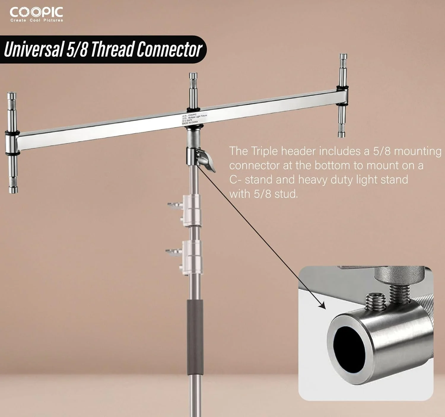 بازوی بوم سه سر استیل ضد زنگ COOPIC با پنج پین بچه گانه 5/8 اینچی - لوازم جانبی نورپردازی همه کاره برای چراغ های LED و فلاش های استروب، سازگار با پایه های C و پایه های نور - (مدل SA75)