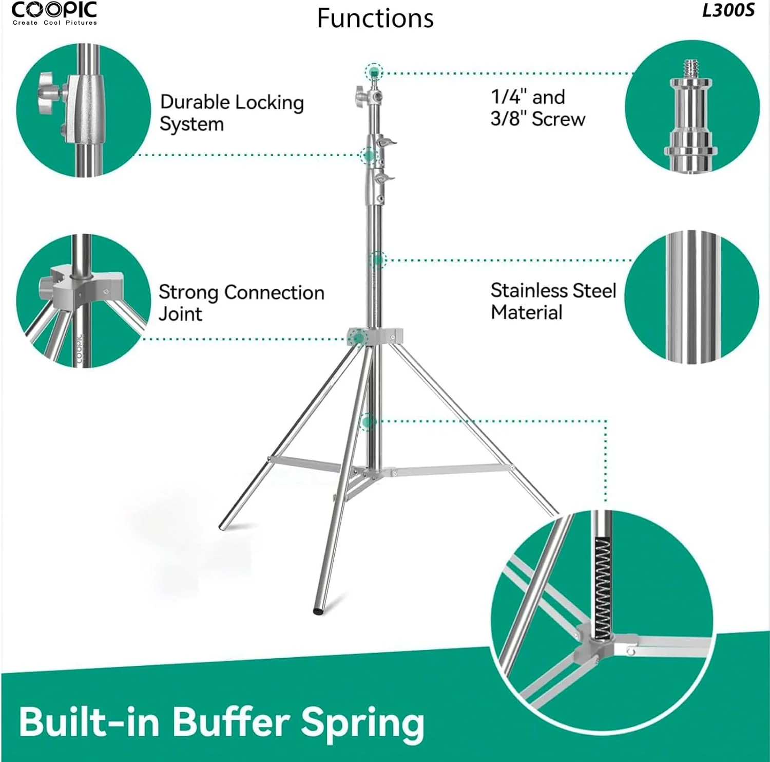 پایه نور استیل ضد زنگ سنگین COOPIC L300S با ارتفاع قابل تنظیم 100 تا 300 سانتی متر، ساخت بادوام با پیچ 1/4 و 3/8 اینچ، ایده آل برای چراغ های LED، فلاش، سافت باکس و سایر تجهیزات عکاسی پایه نور استیل ضد زنگ سنگین COOPIC L300S با ارتفاع قابل تنظیم 100 تا 300 سانتی متر، ساخت بادوام با پیچ 1/4 و 3/8 اینچ، ایده آل برای چراغ های LED، فلاش، سافت باکس و سایر تجهیزات عکاسی