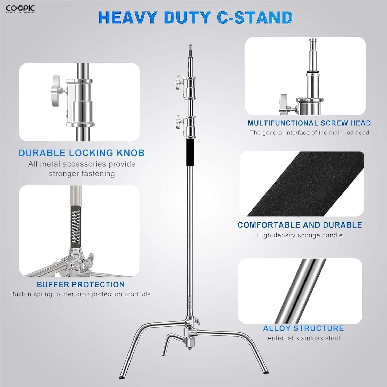 پایه نور C شکل COOPIC، کیت عکاسی فلزی استیل - میله عمودی 210 سانتی متری سنگین، بازوی بوم 88 سانتی متری، پایه قابل تنظیم، کیسه شن، 2 سر گیره، 4 گیره برای سافت باکس و کیف حمل BS130 پایه نور C شکل COOPIC، کیت عکاسی فلزی استیل - میله عمودی 210 سانتی متری سنگین، بازوی بوم 88 سانتی متری، پایه قابل تنظیم، کیسه شن، 2 سر گیره، 4 گیره برای سافت باکس و کیف حمل BS130