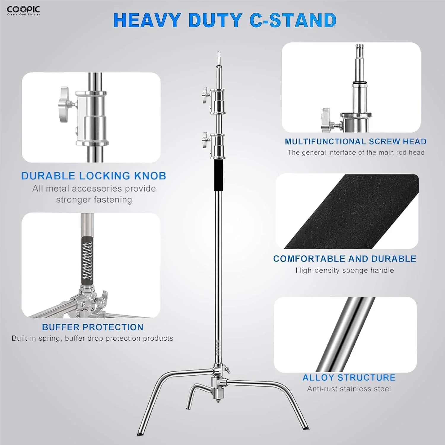 پایه C استند کوپیک هالیوود 3.05 متری با بازوی بوم 1.2 متری، 100% استیل ضد زنگ، پایه نور سنگین با بالشتک هوا برای رفلکتور ویدئویی، مونو لایت و سایر تجهیزات عکاسی پایه C استند کوپیک هالیوود 3.05 متری با بازوی بوم 1.2 متری، 100% استیل ضد زنگ، پایه نور سنگین با بالشتک هوا برای رفلکتور ویدئویی، مونو لایت و سایر تجهیزات عکاسی