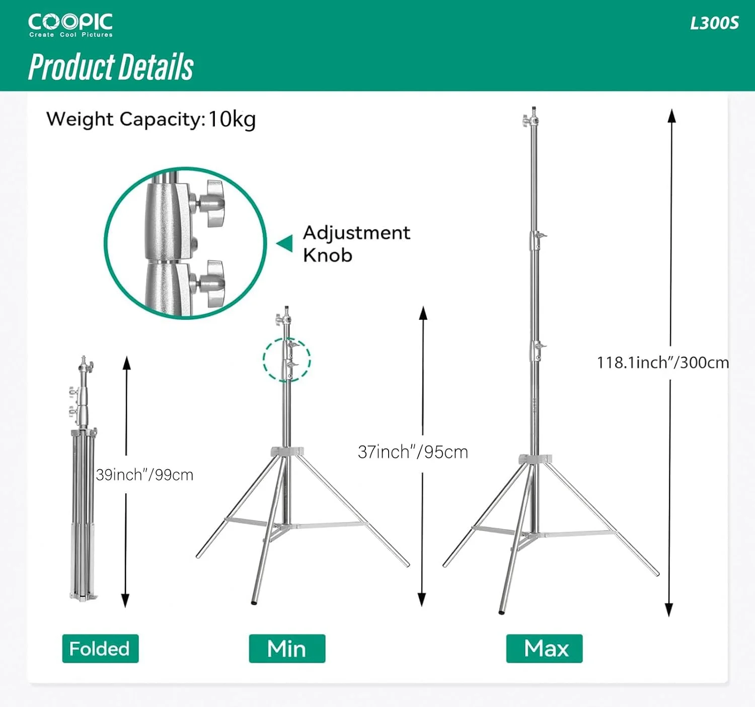 پایه نور استیل ضد زنگ سنگین COOPIC L300S با ارتفاع قابل تنظیم 100 تا 300 سانتی متر، ساخت بادوام با پیچ 1/4 و 3/8 اینچ، ایده آل برای چراغ های LED، فلاش، سافت باکس و سایر تجهیزات عکاسی پایه نور استیل ضد زنگ سنگین COOPIC L300S با ارتفاع قابل تنظیم 100 تا 300 سانتی متر، ساخت بادوام با پیچ 1/4 و 3/8 اینچ، ایده آل برای چراغ های LED، فلاش، سافت باکس و سایر تجهیزات عکاسی