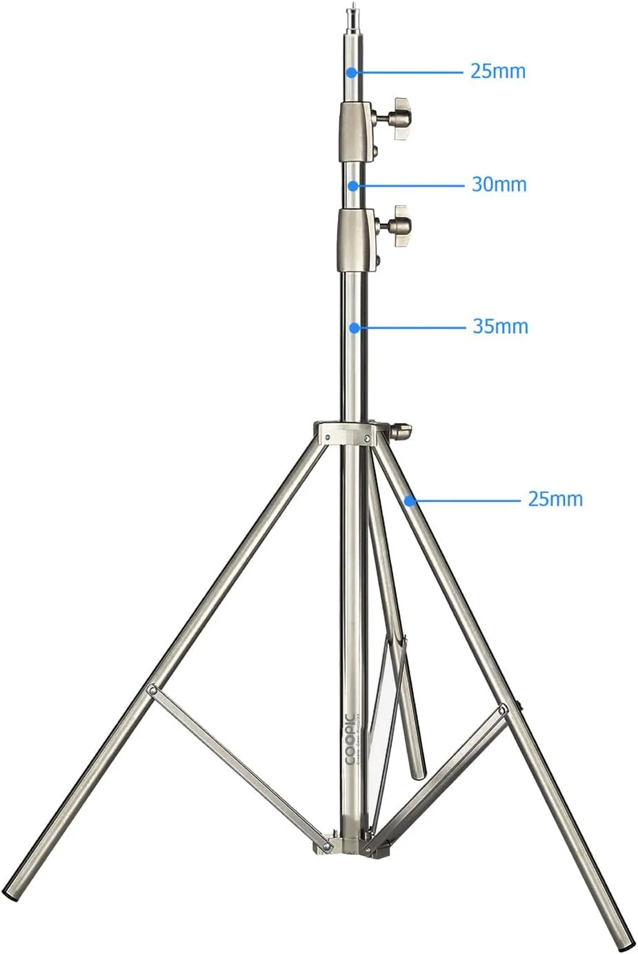 پایه نور سنگین COOPIC L-280MF ارتقا یافته - حداکثر ارتفاع 280 سانتی متر، نقره ای، 3 بخش (25mm، 30mm)، پیچ 1/4 اینچی، فنر بافر داخلی، سازگار با اکثر چراغ های استودیویی