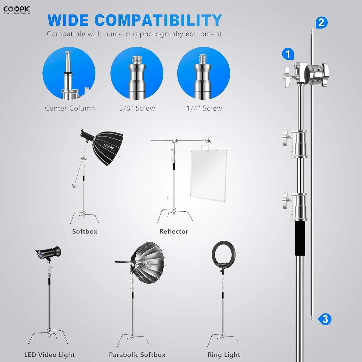 پایه C استند کوپیک هالیوود 3.05 متری با بازوی بوم 1.2 متری، 100% استیل ضد زنگ، پایه نور سنگین با بالشتک هوا برای رفلکتور ویدئویی، مونو لایت و سایر تجهیزات عکاسی پایه C استند کوپیک هالیوود 3.05 متری با بازوی بوم 1.2 متری، 100% استیل ضد زنگ، پایه نور سنگین با بالشتک هوا برای رفلکتور ویدئویی، مونو لایت و سایر تجهیزات عکاسی