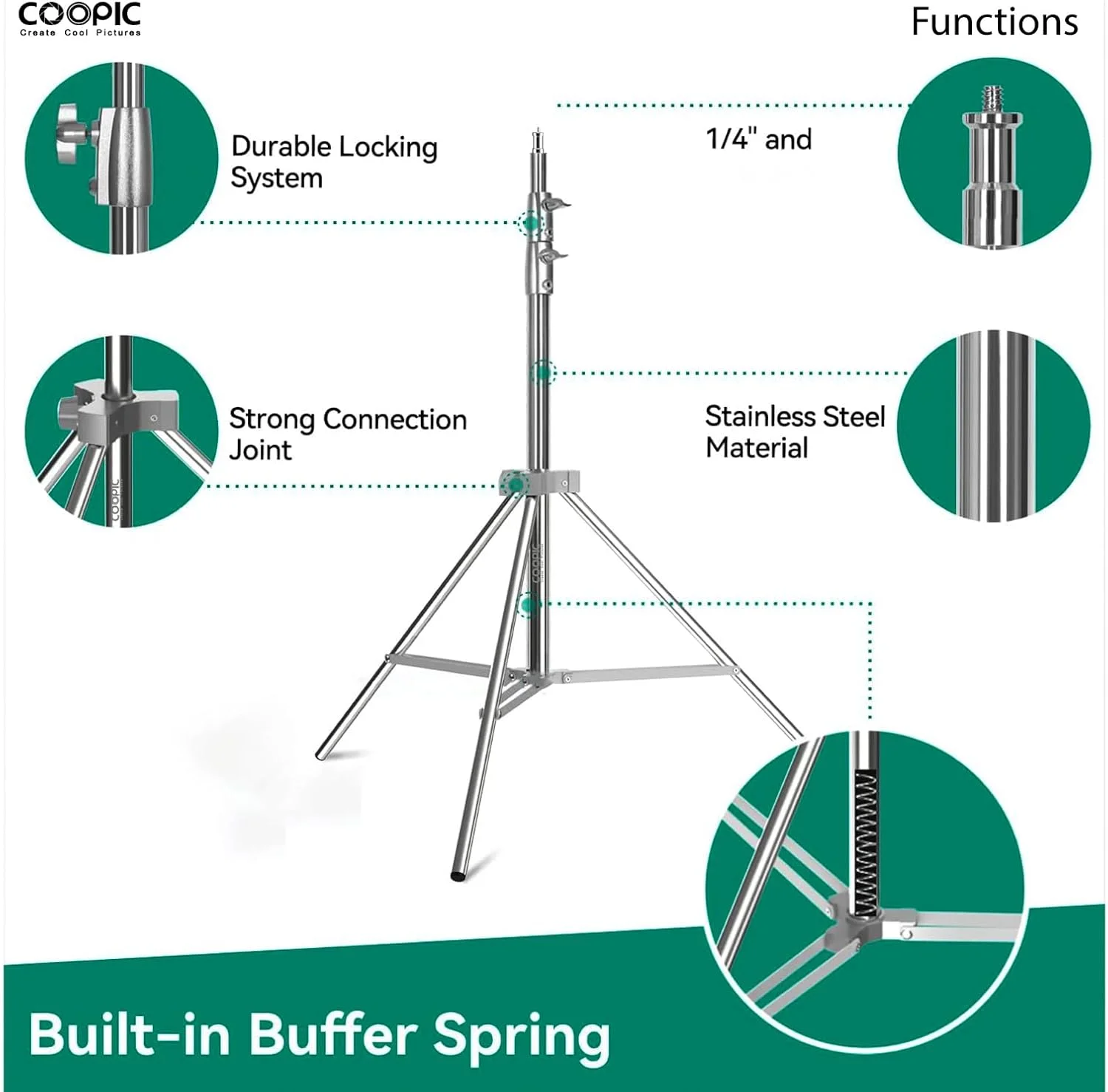 پایه نور سنگین COOPIC L-280MF ارتقا یافته - حداکثر ارتفاع 280 سانتی متر، نقره ای، 3 بخش (25mm، 30mm)، پیچ 1/4 اینچی، فنر بافر داخلی، سازگار با اکثر چراغ های استودیویی