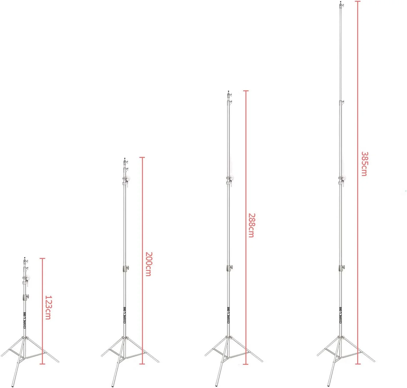 پایه نور استیل نقره ای مدل L380 مناسب استودیو عکاسی، دو طرفه، حداکثر ارتفاع 385 سانتی متر به همراه بازوی بوم 216 سانتی متری و کیسه شن برای پشتیبانی از چتر، سافت باکس و فلاش مناسب عکاسی پرتره و نورپردازی ویدیو