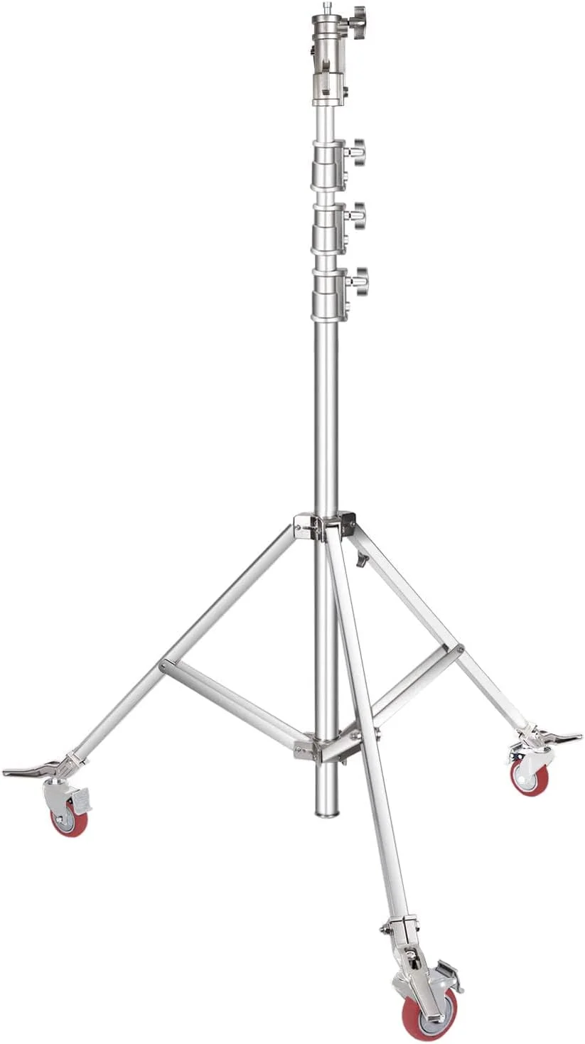 پایه نور استودیویی چرخ دار، فولاد ضد زنگ سنگین با ارتفاع قابل تنظیم حداکثر تا 610 سانتی متر و چرخ های جداشدنی، مناسب برای سافت باکس، نور ماه و سایر پایه نور استودیویی چرخ دار، فولاد ضد زنگ سنگین با ارتفاع قابل تنظیم حداکثر تا 610 سانتی متر و چرخ های جداشدنی، مناسب برای سافت باکس، نور ماه و سایر