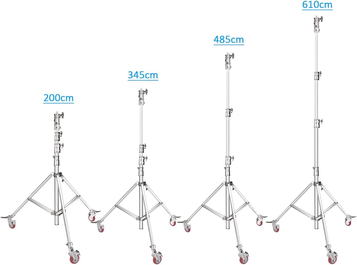 پایه نور استودیویی چرخ دار، فولاد ضد زنگ سنگین با ارتفاع قابل تنظیم حداکثر تا 610 سانتی متر و چرخ های جداشدنی، مناسب برای سافت باکس، نور ماه و سایر پایه نور استودیویی چرخ دار، فولاد ضد زنگ سنگین با ارتفاع قابل تنظیم حداکثر تا 610 سانتی متر و چرخ های جداشدنی، مناسب برای سافت باکس، نور ماه و سایر
