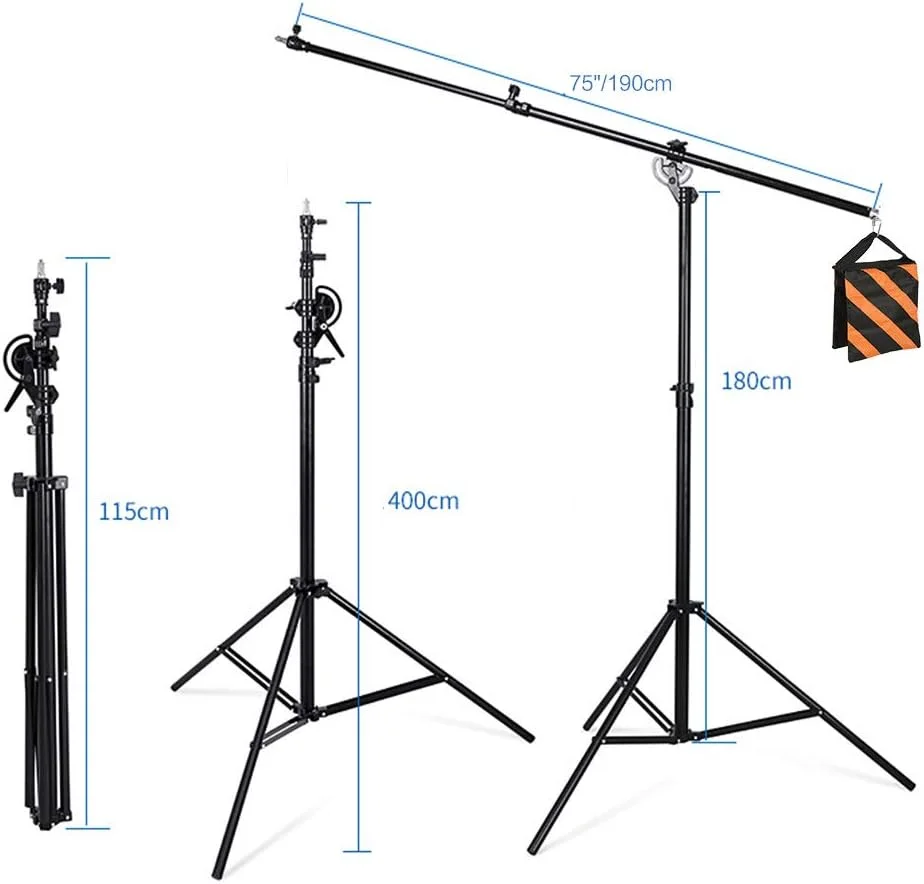 پایه نور استودیویی قابل تنظیم دو طرفه حداکثر 400 سانتی متر با بازوی بوم 190 سانتی متری و کیسه شن، سه پایه چرخان آلیاژ آلومینیوم برای عکاسی استودیویی در فضای باز، پرتره، ویدیو