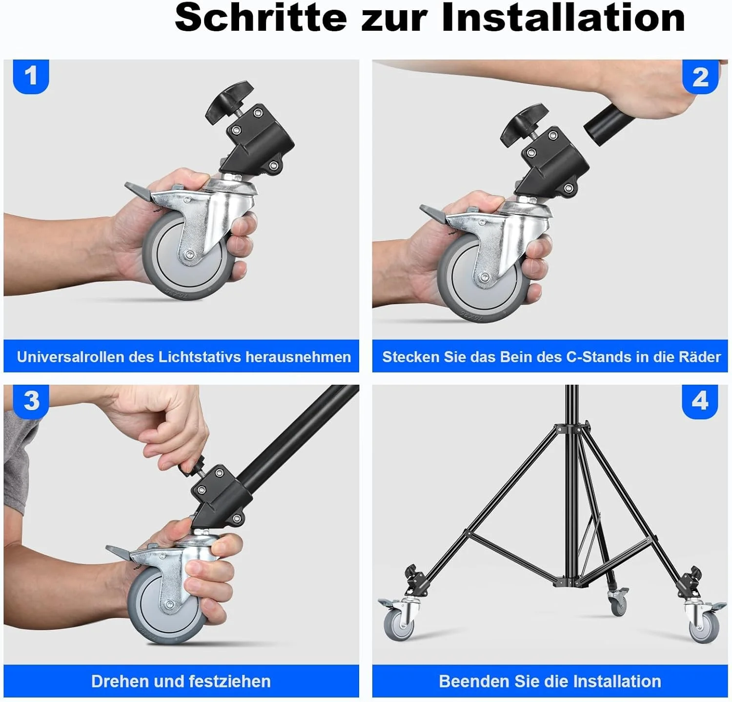 چرخ گردان پایه نور حرفه ای Azonee، چرخ گردان 75 میلی متری با ترمز برای پایه نور عکاسی با قطر 22 میلی متر، آلیاژ آلومینیوم لاستیکی با قابلیت چرخش 360 درجه