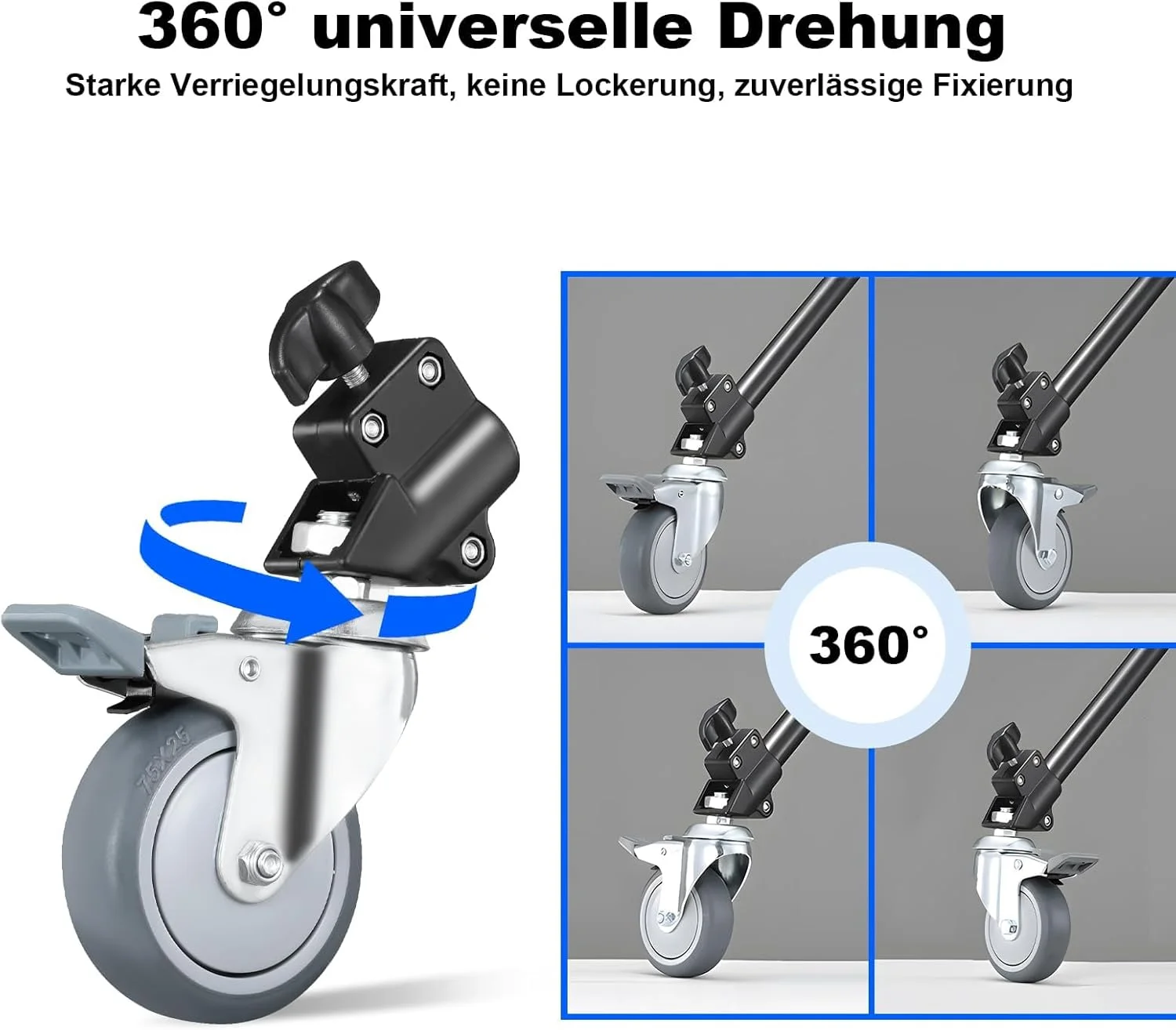 چرخ گردان پایه نور حرفه ای Azonee، چرخ گردان 75 میلی متری با ترمز برای پایه نور عکاسی با قطر 22 میلی متر، آلیاژ آلومینیوم لاستیکی با قابلیت چرخش 360 درجه