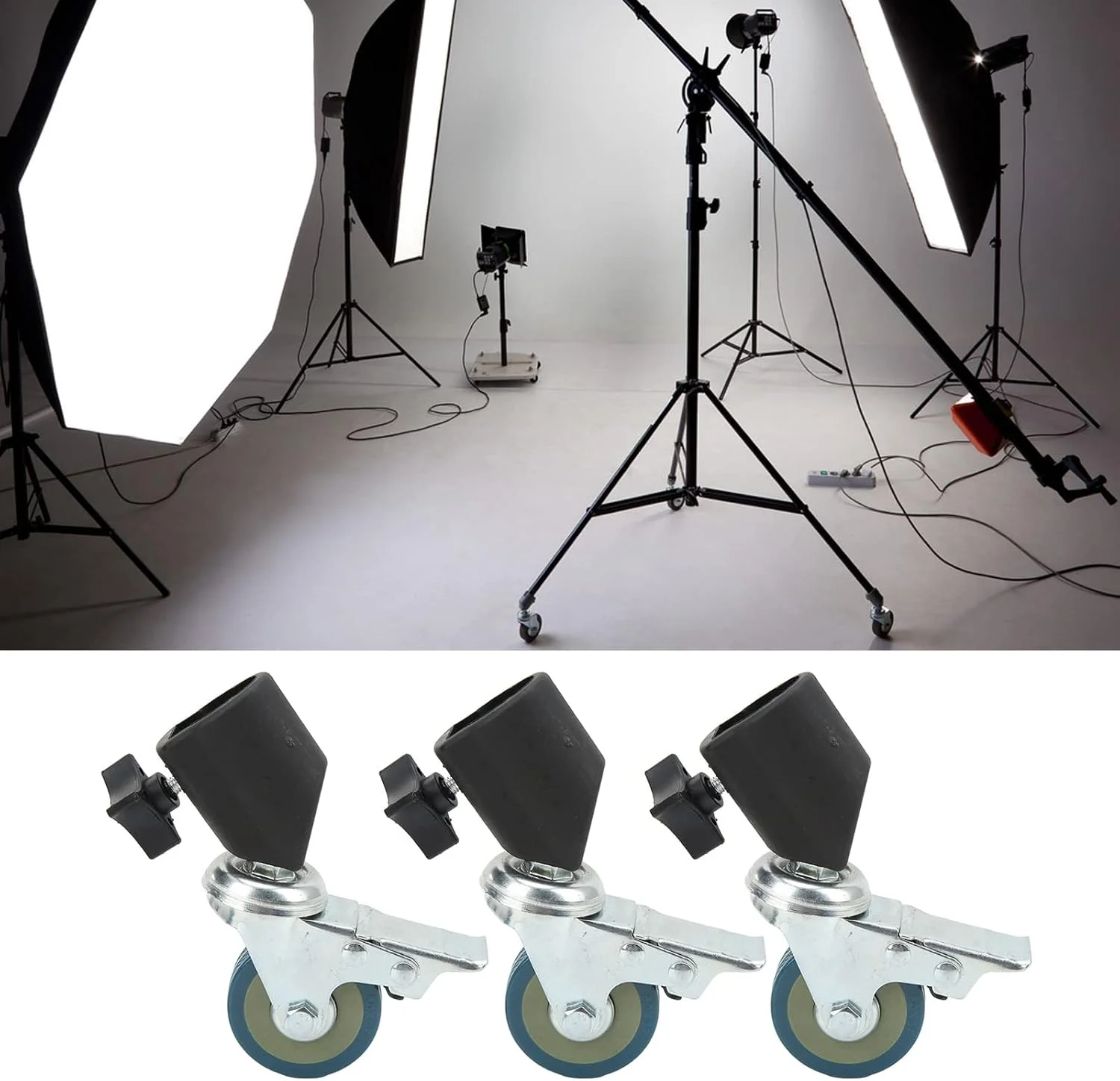 ست چرخهای گردان حرفهای برای پایه نور عکاسی، استودیو، فیلمبرداری، 3 عدد چرخ قفلدار 22 میلیمتری با چرخش جهانی و ترمز ست چرخهای گردان حرفهای برای پایه نور عکاسی، استودیو، فیلمبرداری، 3 عدد چرخ قفلدار 22 میلیمتری با چرخش جهانی و ترمز