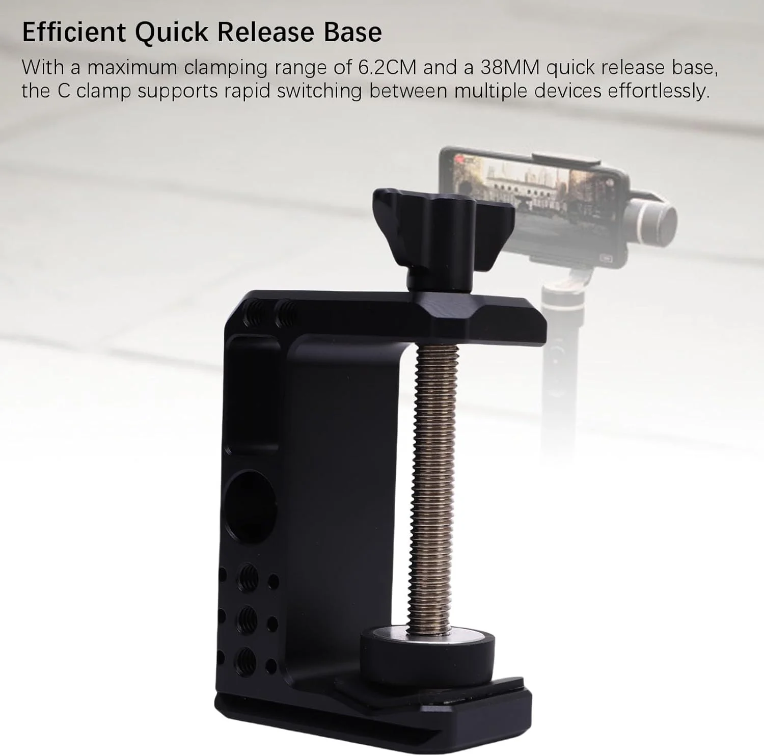 گیره C آلومینیومی ASHATA با رزوه 1/4 اینچ و 3/8 اینچ، با پایه 38 میلی‌متری، گیره متحرک قابل تنظیم برای میز، پایه نور، سه پایه، ریل و پشتیبانی صحنه