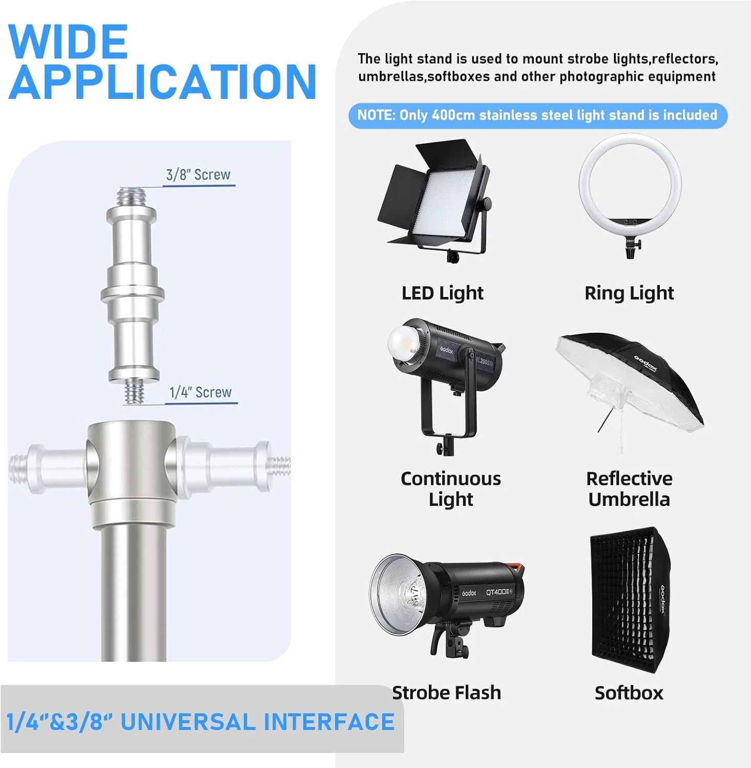 پایه سه پایه 4 متری استیل آمبیتفول با کمک فنر، سه پایه محکم با آداپتور جهانی 1/4 اینچ به 3/8 اینچ، پایه قابل تنظیم برای عکاسی استودیویی پرتره