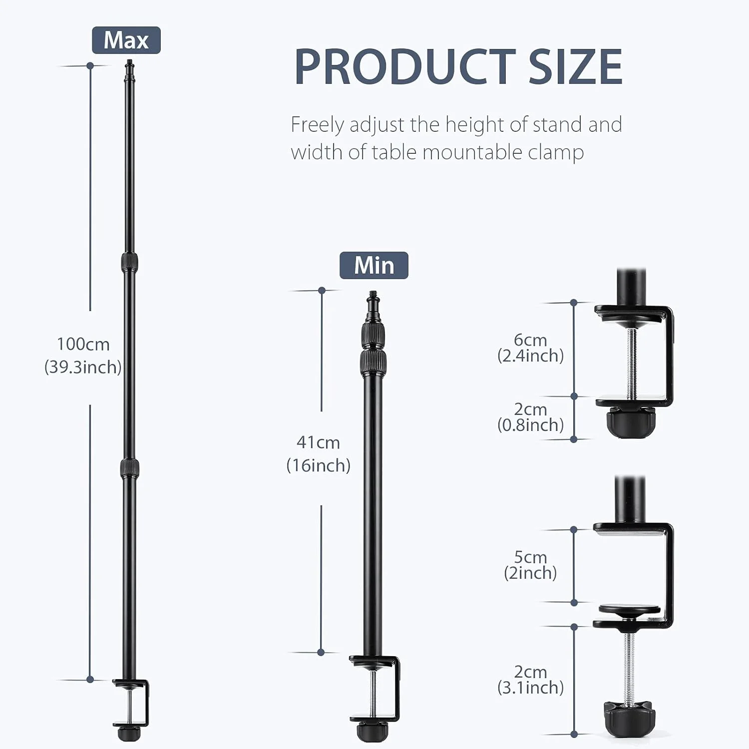 پایه رومیزی گیره ای Andoer، پایه نور آلیاژ آلومینیوم، ارتفاع قابل تنظیم 41-100 سانتی متر، پیچ 1/4 اینچی با سر توپی چرخان 360 درجه برای دوربین DSLR، نور حلقه ای، نور ویدئویی