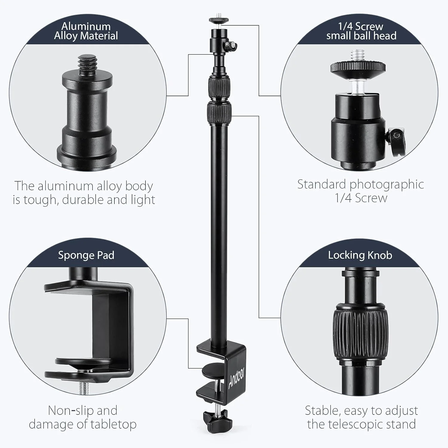 پایه رومیزی گیره ای Andoer، پایه نور آلیاژ آلومینیوم، ارتفاع قابل تنظیم 41-100 سانتی متر، پیچ 1/4 اینچی با سر توپی چرخان 360 درجه برای دوربین DSLR، نور حلقه ای، نور ویدئویی