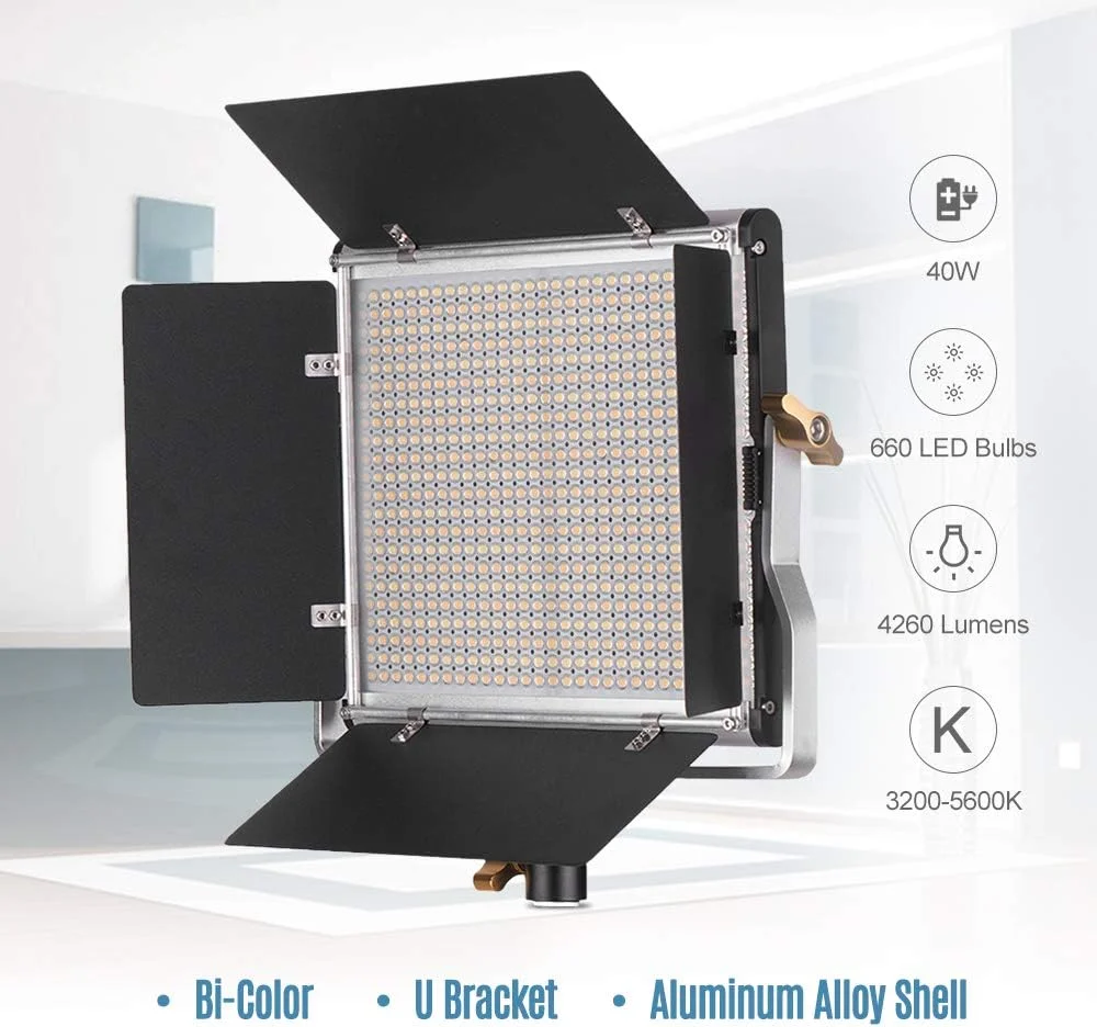 دو عدد نور ویدئویی LED اندور و کیت نورپردازی پایه 2 متری، پنل نور LED دیمرپذیر 660 لامپ، دو رنگ 3200-5600K CRI 85+ با براکت U و بارندور برای عکاسی استودیویی و فیلمبرداری دو عدد نور ویدئویی LED اندور و کیت نورپردازی پایه 2 متری، پنل نور LED دیمرپذیر 660 لامپ، دو رنگ 3200-5600K CRI 85+ با براکت U و بارندور برای عکاسی استودیویی و فیلمبرداری