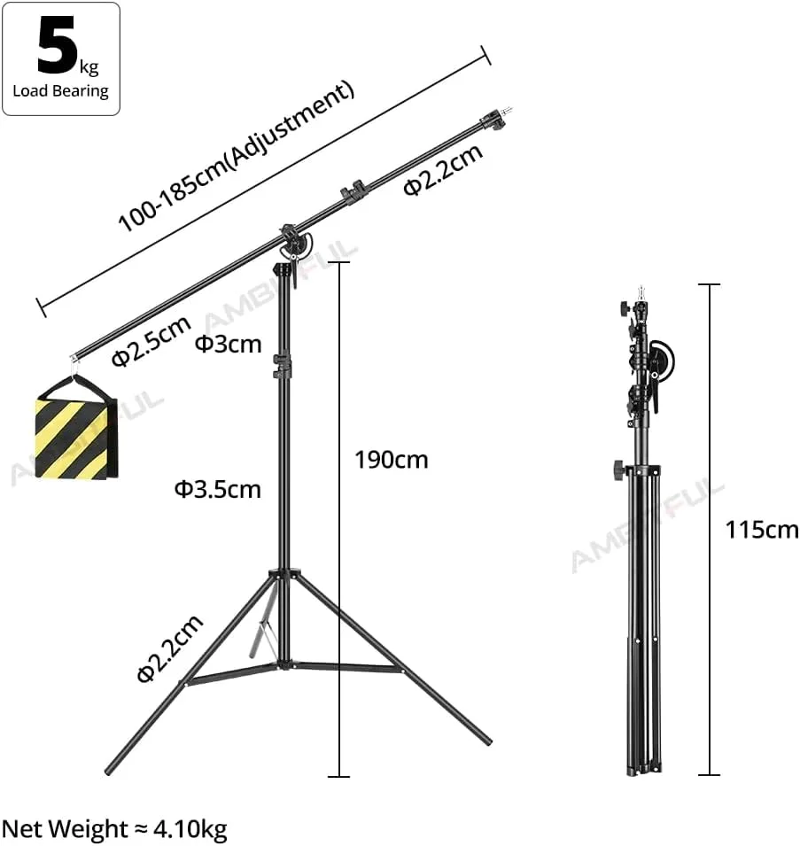 پایه نور سقفی بوم دار قابل تنظیم و چرخان آمبیتفول 375 سانتی متری به همراه کیسه شن و پیچ 1/4 3/4 مناسب برای نور LED استودیویی عکاسی و فیلمبرداری | آلومینیوم | وزن 4 کیلوگرم | حداکثر وزن قابل تحمل: 5 کیلوگرم