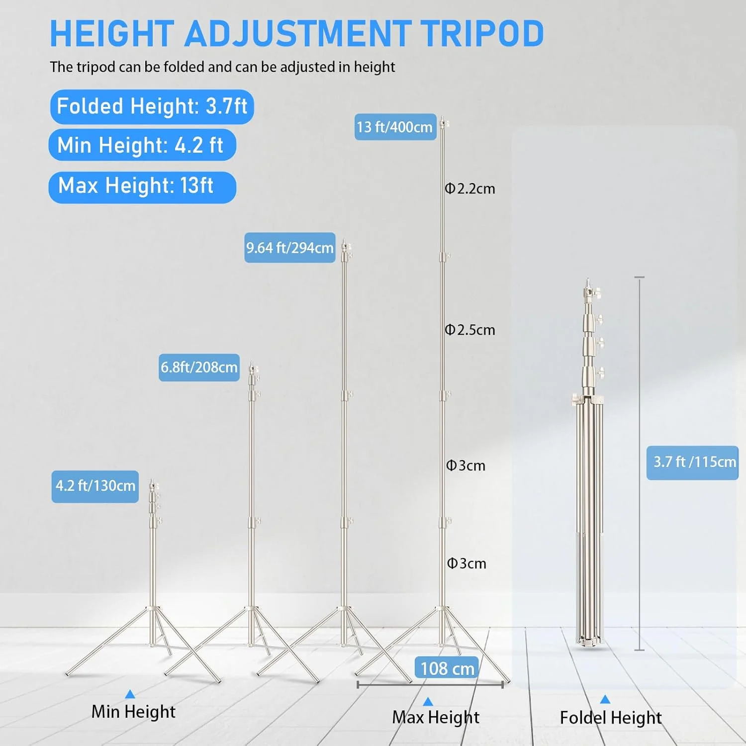 پایه سه پایه 4 متری استیل آمبیتفول با کمک فنر، سه پایه محکم با آداپتور جهانی 1/4 اینچ به 3/8 اینچ، پایه قابل تنظیم برای عکاسی استودیویی پرتره